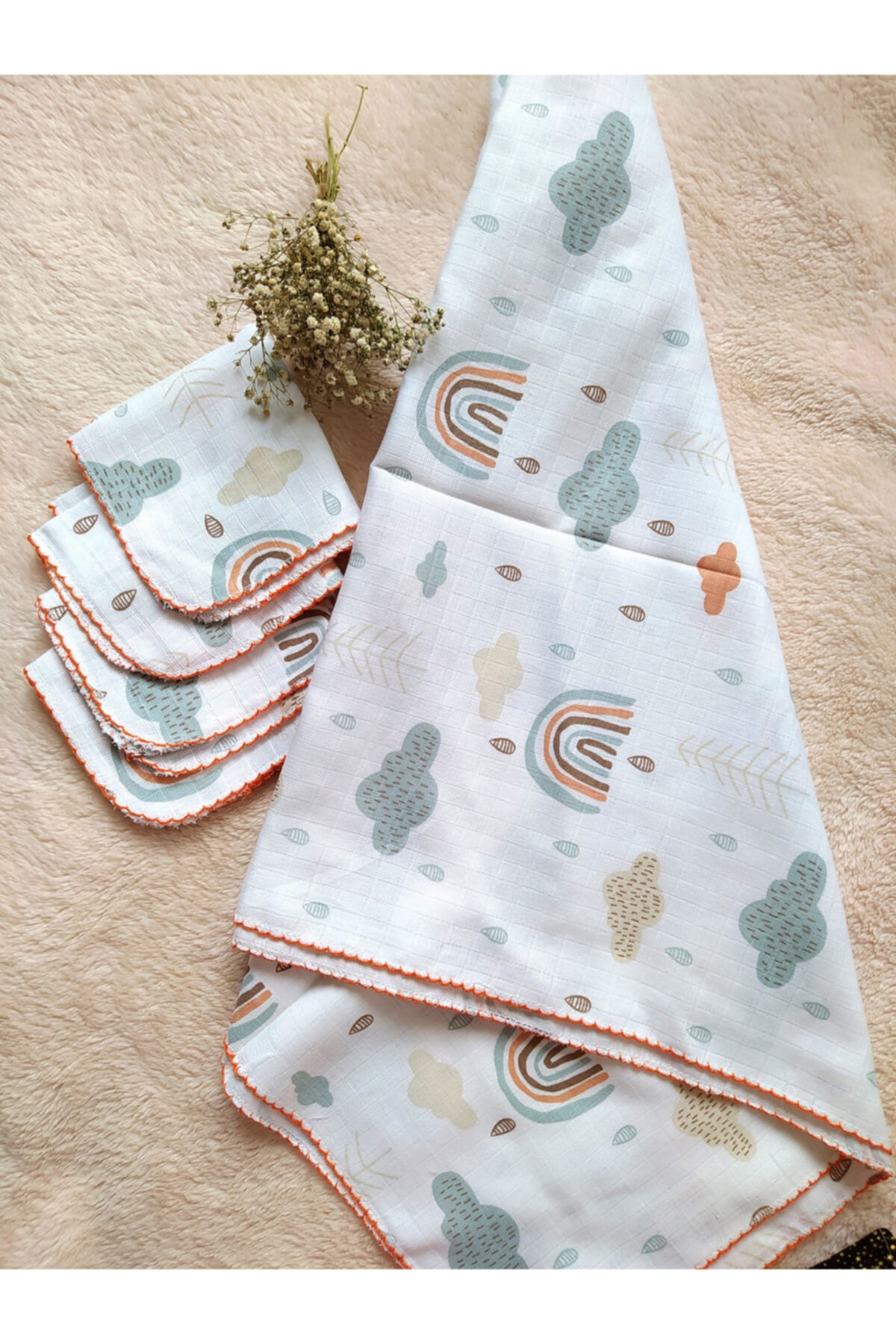 esmababy Müslin Örtü Ve Mendil Seti - Gökkuşağı Desenli