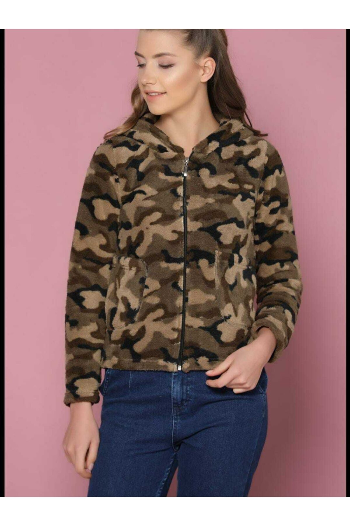 GÜZELLER Kamuflaj Desen Fermuarlı Sweat