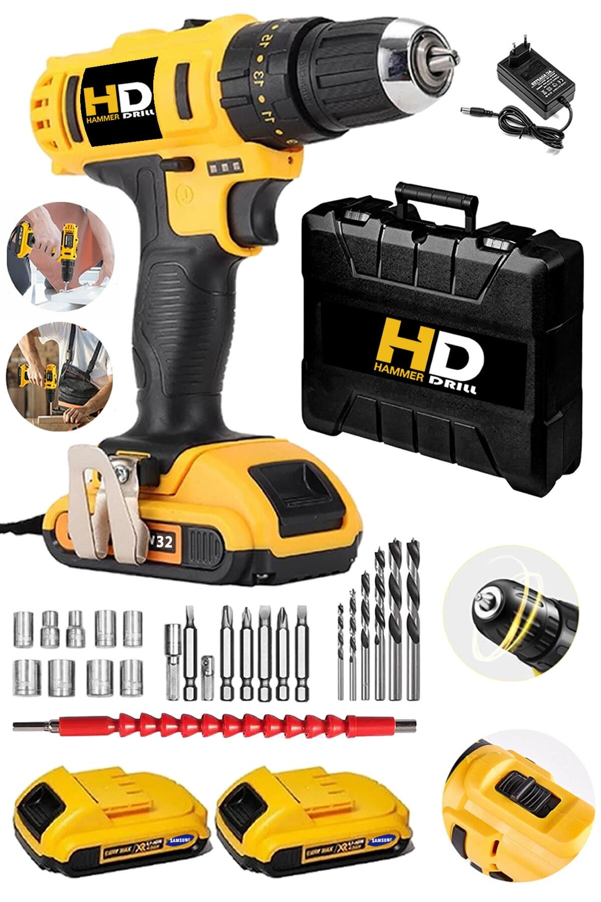 HD Hammer Drill American 32 V 5 Ah Metal Şanzuman Bakır Sargılı Çift Akülü Şarjlı Vidalama 27 Parça Set Hediyeli