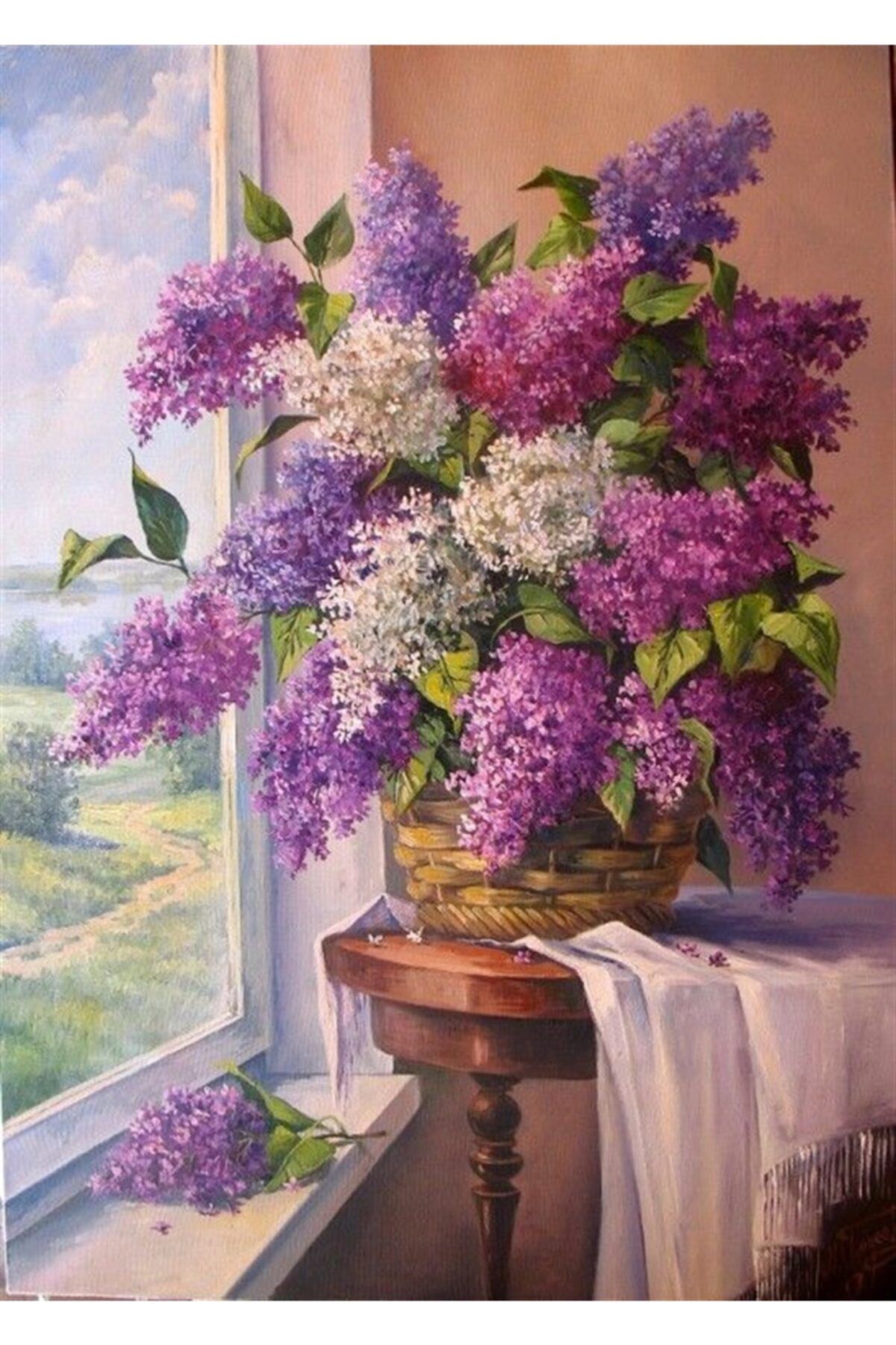 MARCEL SANAT Cam Önündeki Mor Çiçekler Elmas Mozaik Tablo 51x69cm
