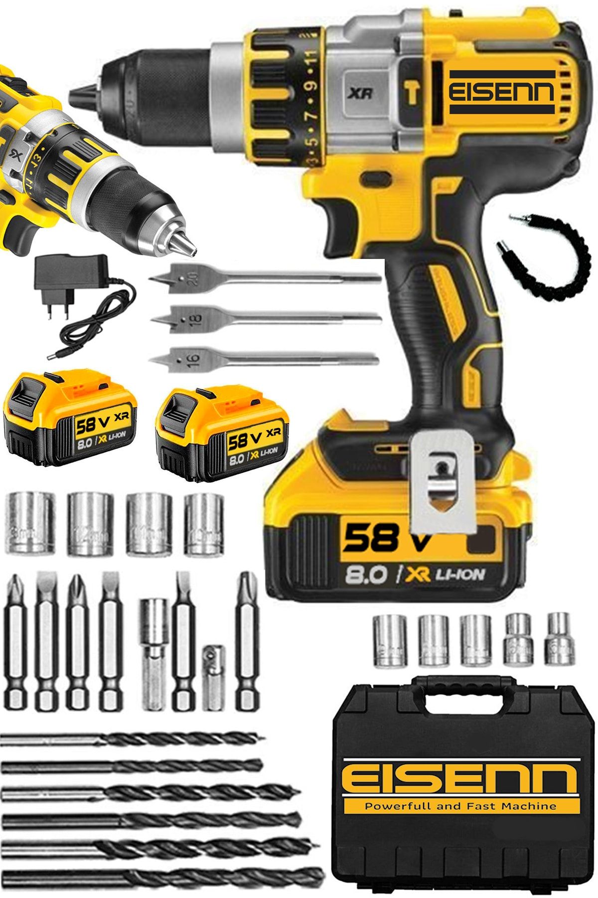 Eisenn Germany Technology Xr Yellow 58 V 8 Ah Hd Li-on Darbeli Çelik Şanzıman Akülü Matkap + 30 Pcs Set