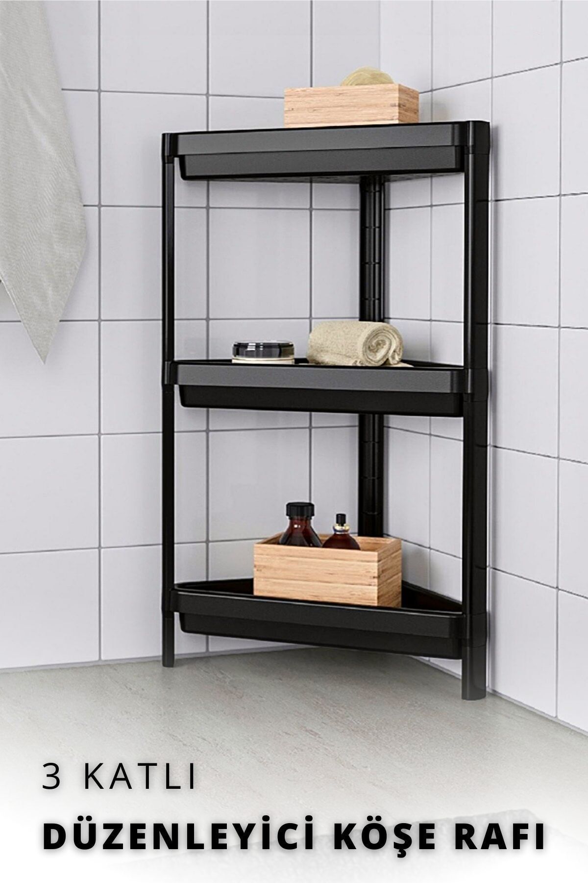 Nandy Home Çok Amaçlı Plastik 3 Katlı, Üçgen, Banyo, Mutfak Köşe Raf Ünitesi Siyah