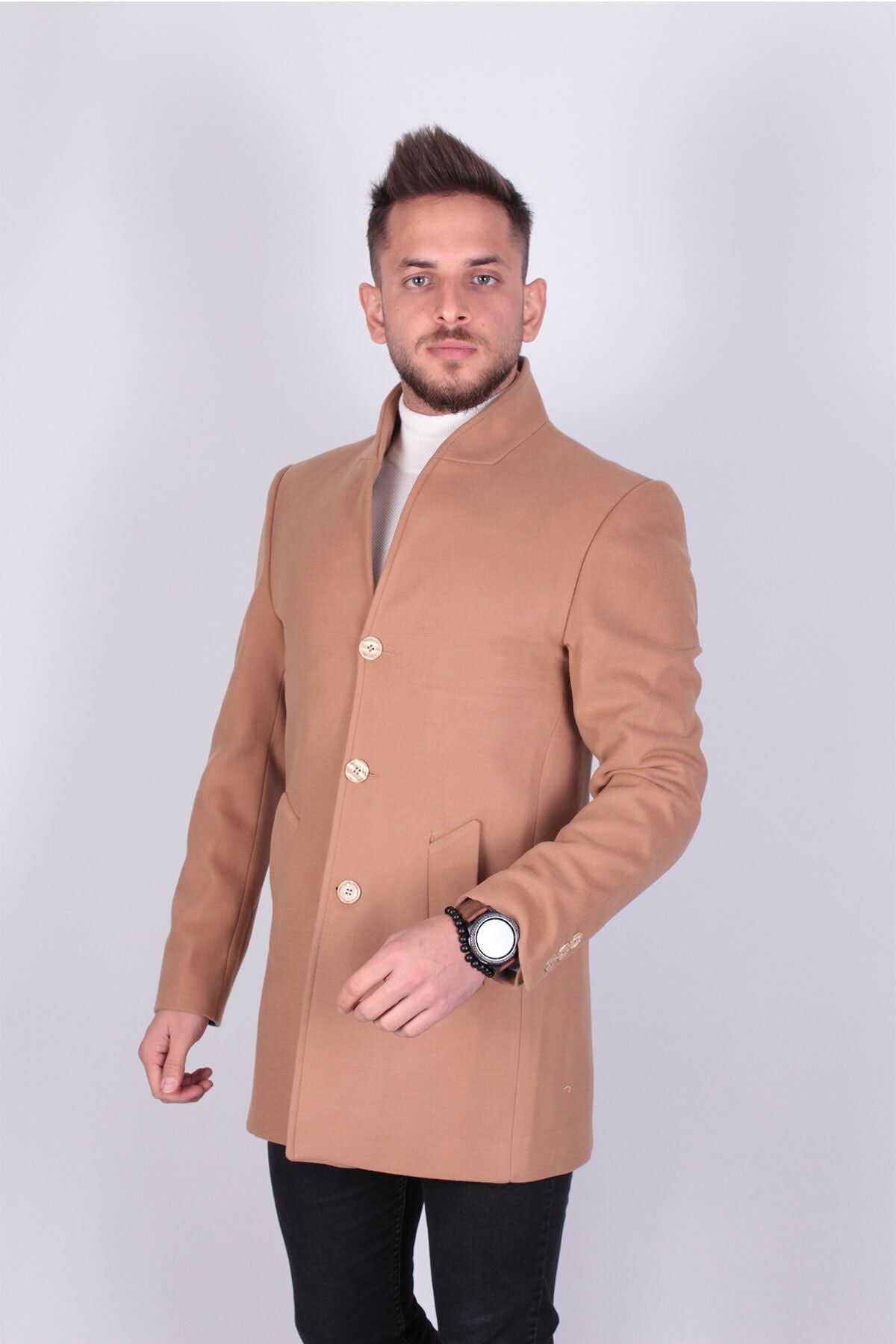 TREND YAŞAR Açık Kahverengi Slim-fit Kaşe Kaban