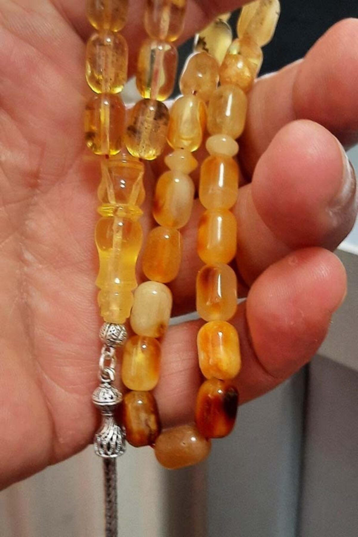 zenaatkar 7x10.5 Mm 925 Ayar Gümüş Püsküllü Damla Kehribar