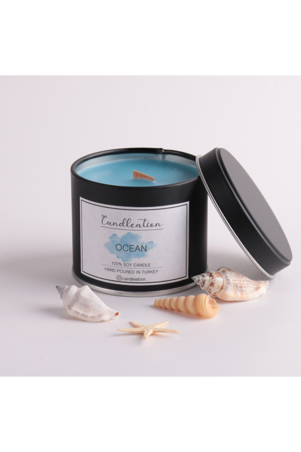 candleation Metal Kutuda Ahşap Fitilli Okyanus Kokulu Soya Mumu
