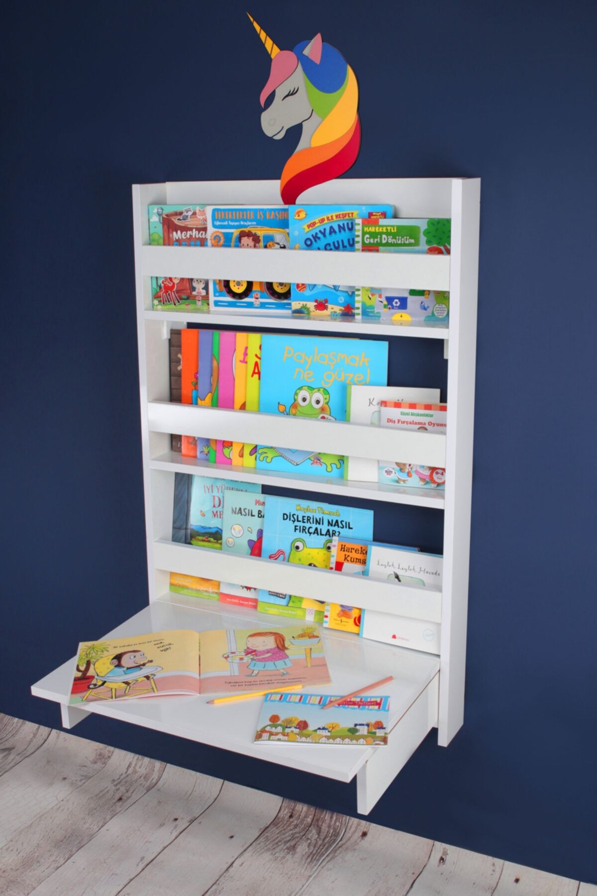 KUMSORİ Unicorn Figürlü 3 Raflı Katlanır Masalı Eğitici Montessori Kitaplık