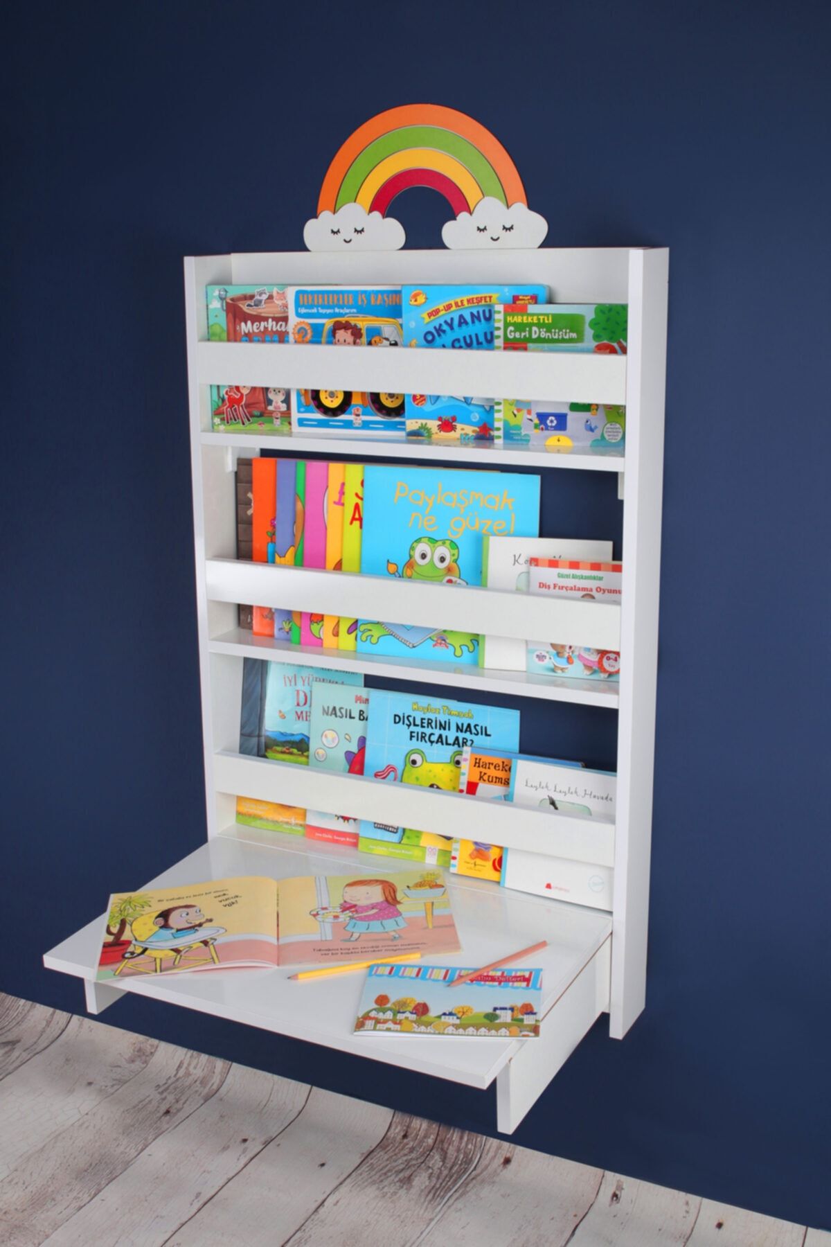 KUMSORİ Gökkuşağı Figürlü 3 Raflı Katlanır Masalı Eğitici Montessori Kitaplık