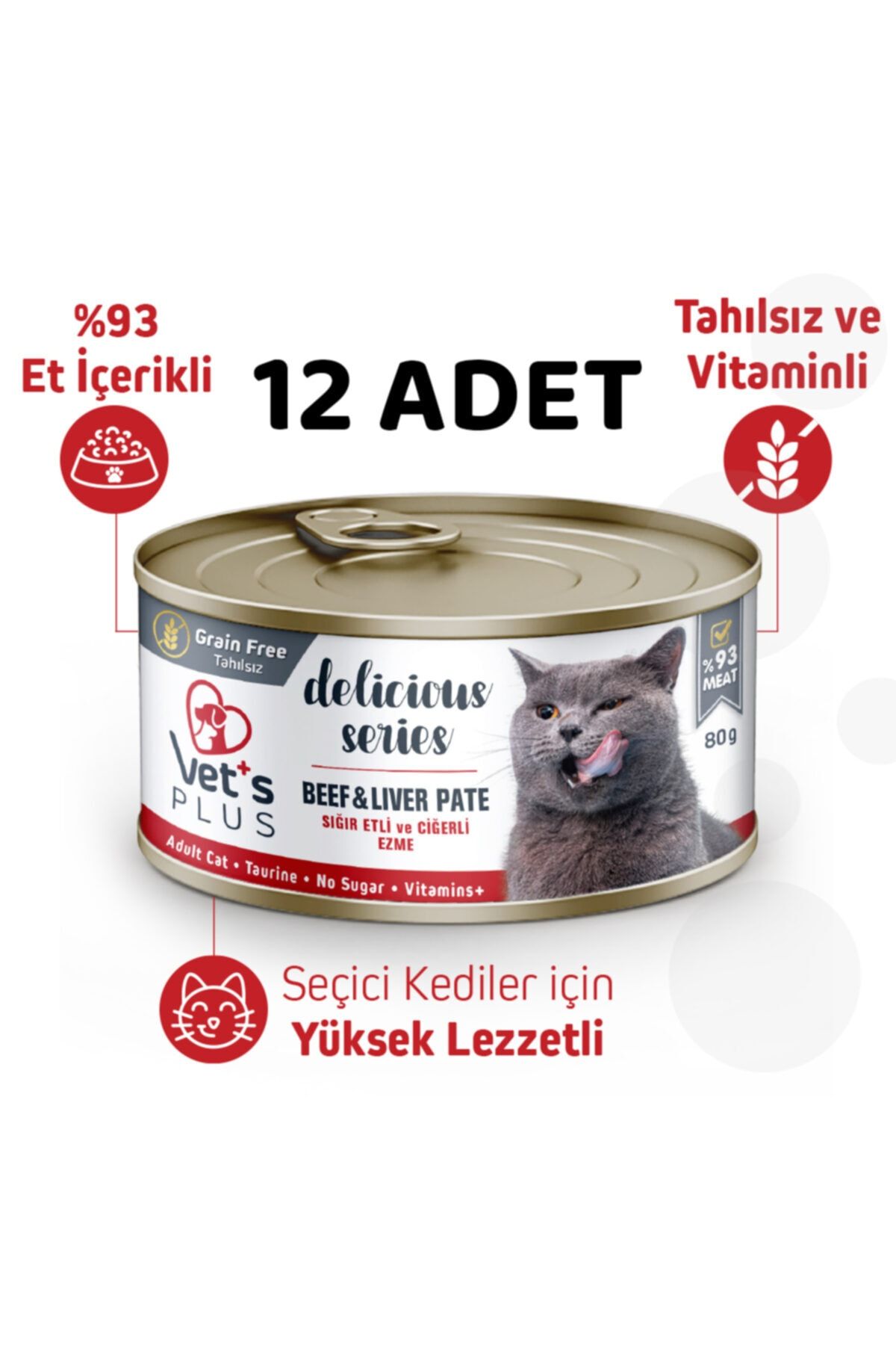 Vet's Plus Delicious Series Sığır Etli Ve Ciğerli Tahılsız Ezme Kedi Konservesi 80gr - 12 Adet