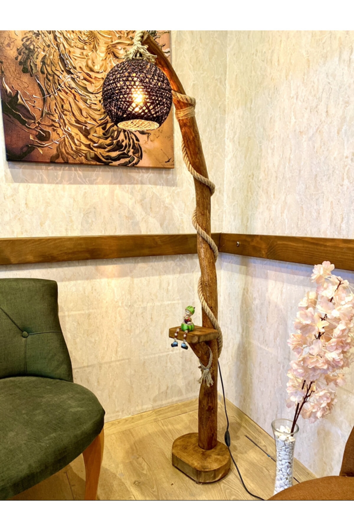 menalART Ağaç Tasarım Ağaç Lambader 145-150 Cm Edremit Serisi Özel Başlıklı Doğal Ahşap Lambader Köşe Aydınlatma