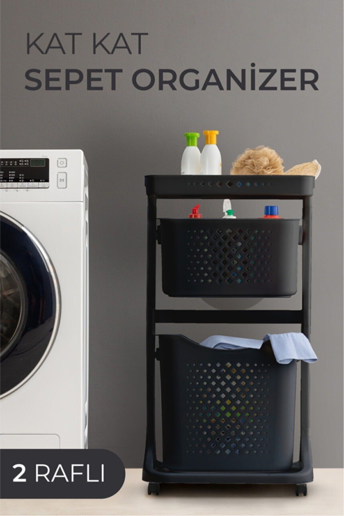 Meleni Home 2 Katlı Tekerlekli Sepet Organizer - Kat Kat Sepet Sebzelik Banyo Mutfak Düzenleyici Antrasit