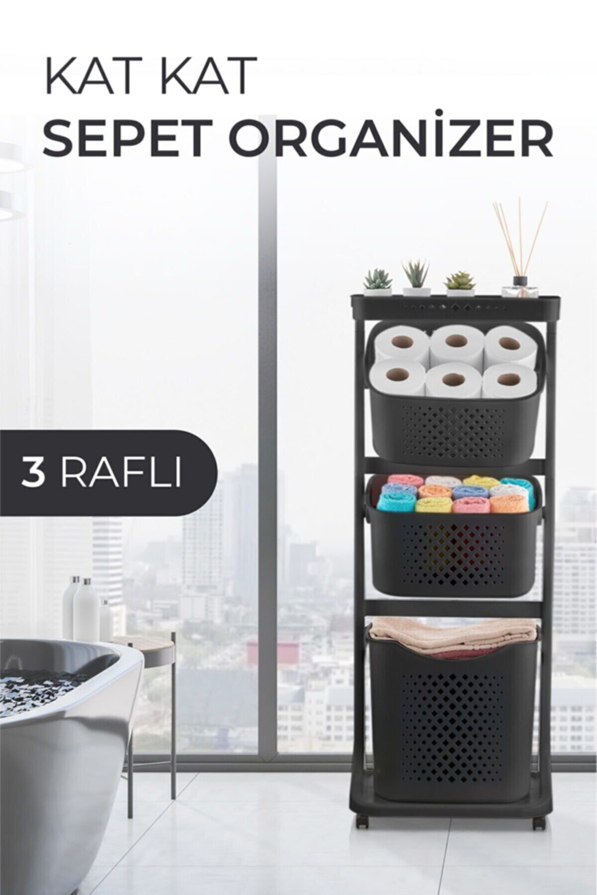 Meleni Home 3 Katlı Tekerlekli Sepet Organizer - Kat Kat Sepet Sebzelik Banyo Mutfak Düzenleyici Antrasit