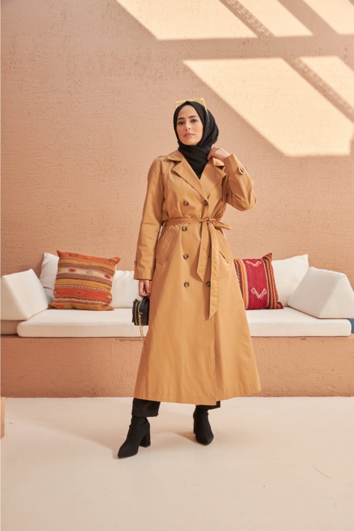 Neways Arka Süs Düğmeli Kemerli Trençkot Camel 6572