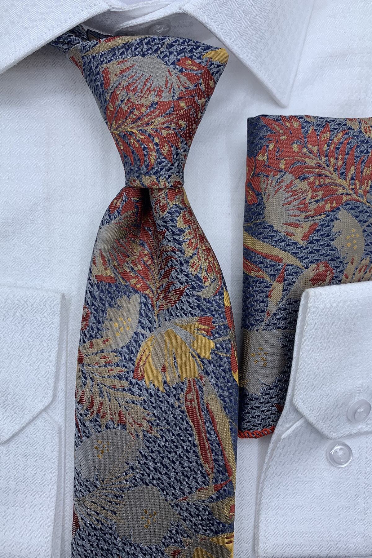 Quesste Accessory Sarı Kırmızı Gri Desenli Kravat Mendil Kutulu Set