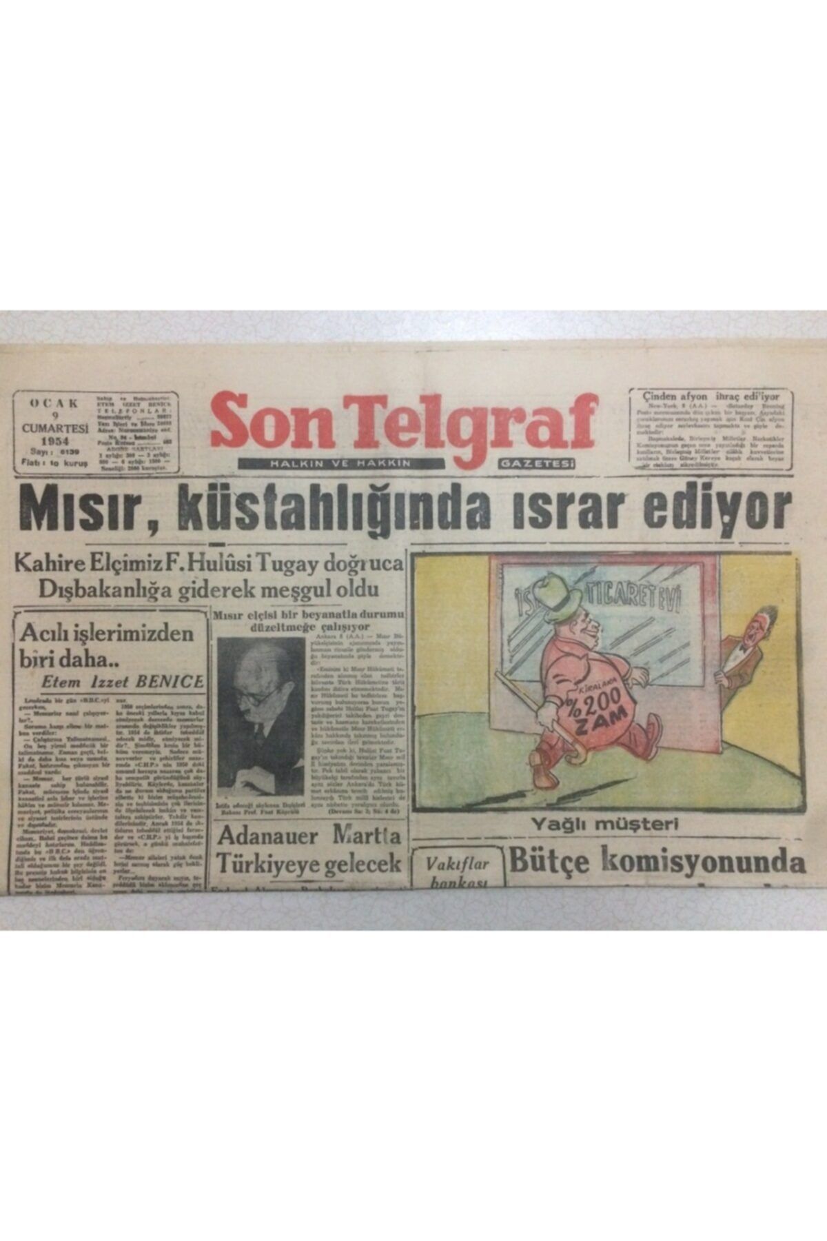 Gökçe Koleksiyon Son Telgraf Gazetesi 9 Ocak 1954 - Mısır Küstahlığında Israr Ediyor Gz52417