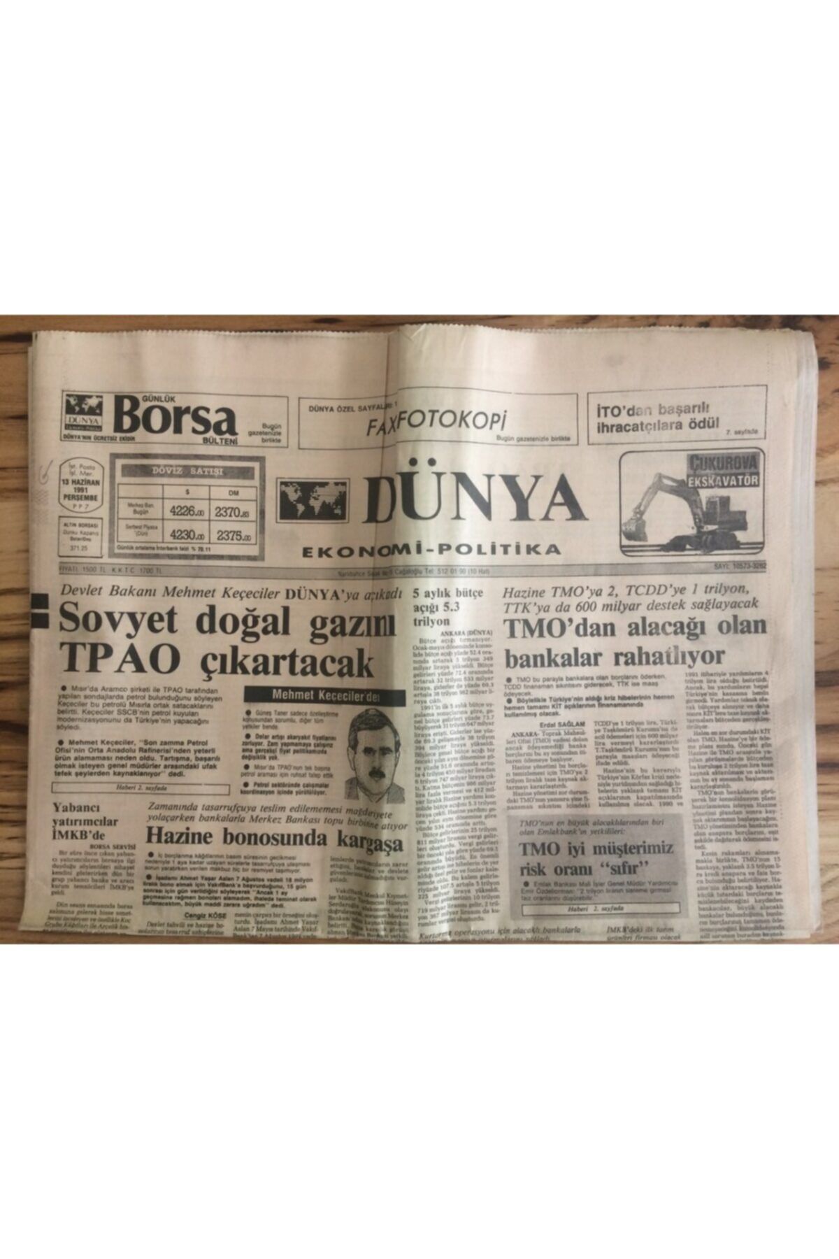 Gökçe Koleksiyon Dünya Gazetesi Ekonomi Politika Eki 13 Haziran 1991 - Sovyet Doğal Gazını Tpao Çıkartacak Gz72709