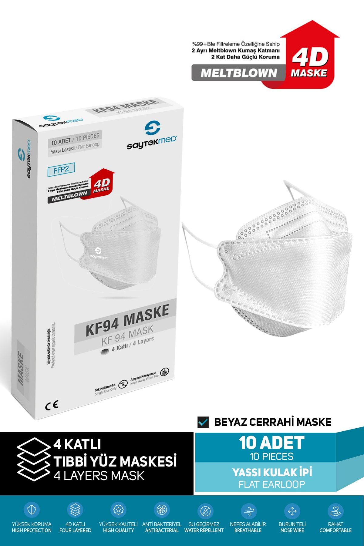 SAYTEKMED 3 Boyutlu Rahat Tasarım Kf94 (fish Mask) Kore Modeli Beyaz Maske (10 Adet/1 Kutu)