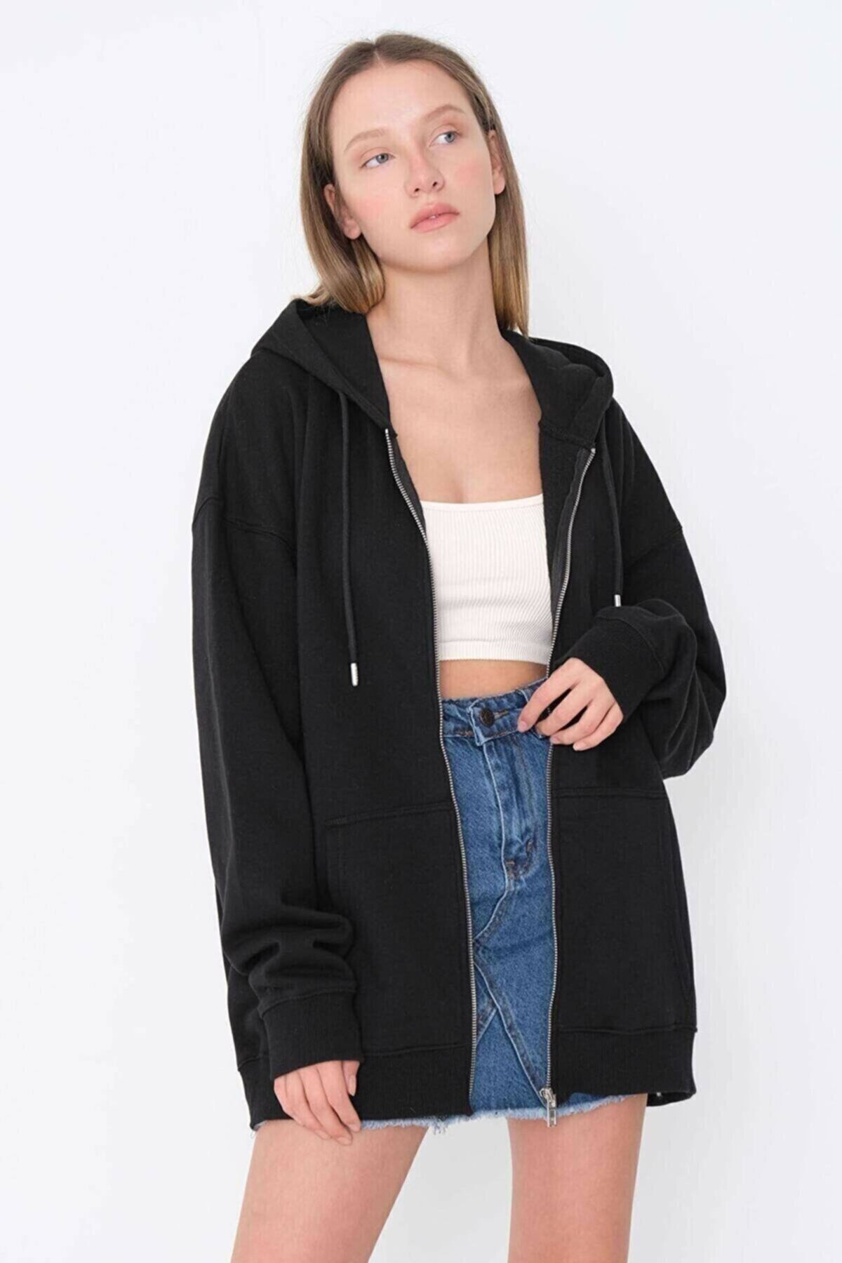 ravenzz Kadın Siyah Oversize Sweatshırt Fermuarlı - Şardonlu - Baskılı