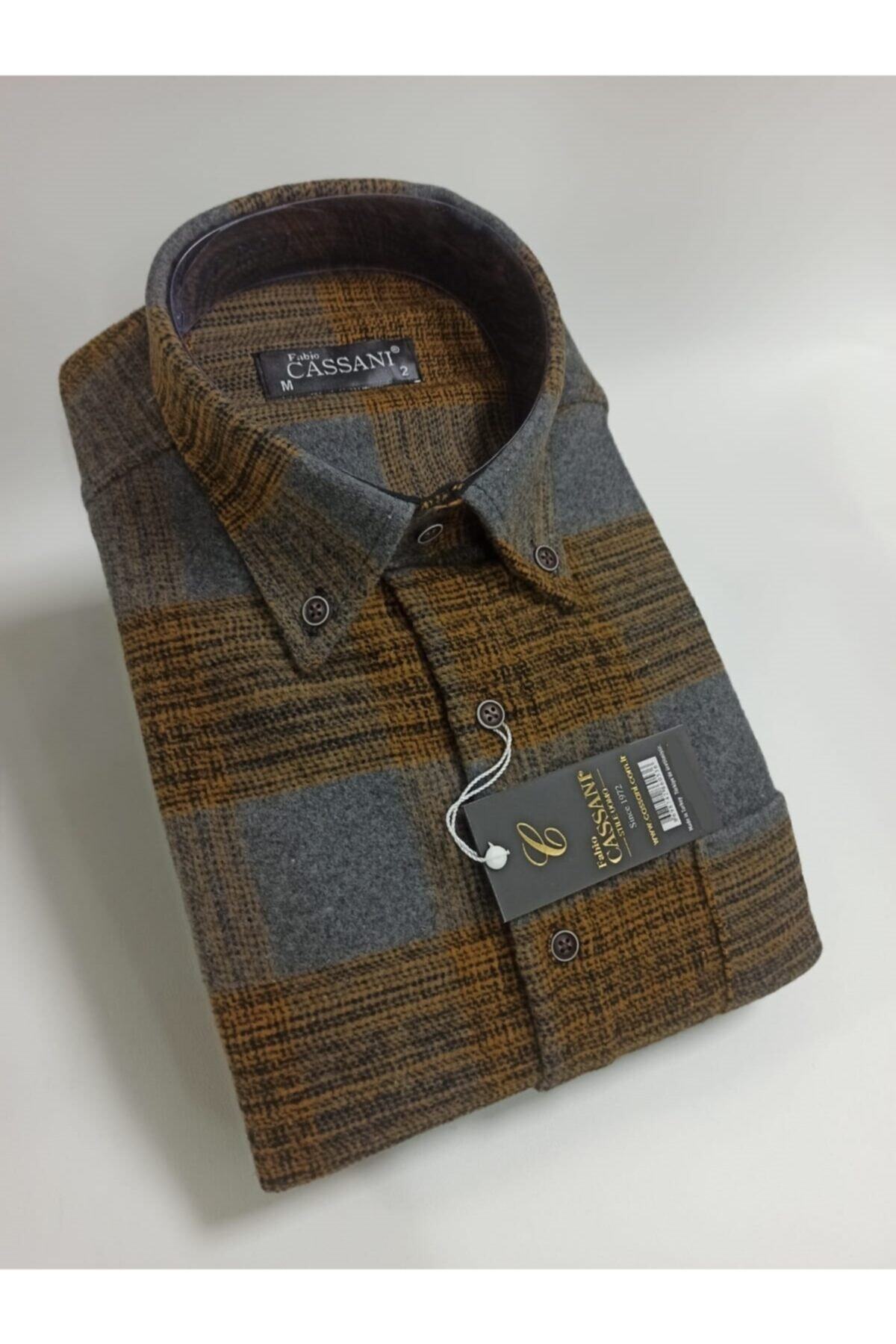 FABİO CASSANİ Kışlık Hakiki Oduncu Klasik Kesim Hardal Gri Renk Çift Cepli Erkek Gömleği