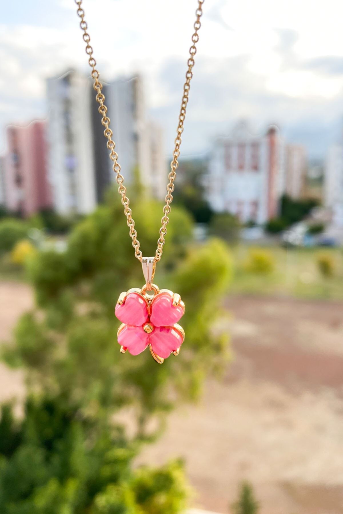 Per10 Pembe Taşlı 4 Yapraklı Yonca Figürlü Kibar Kadın Kolyesi
