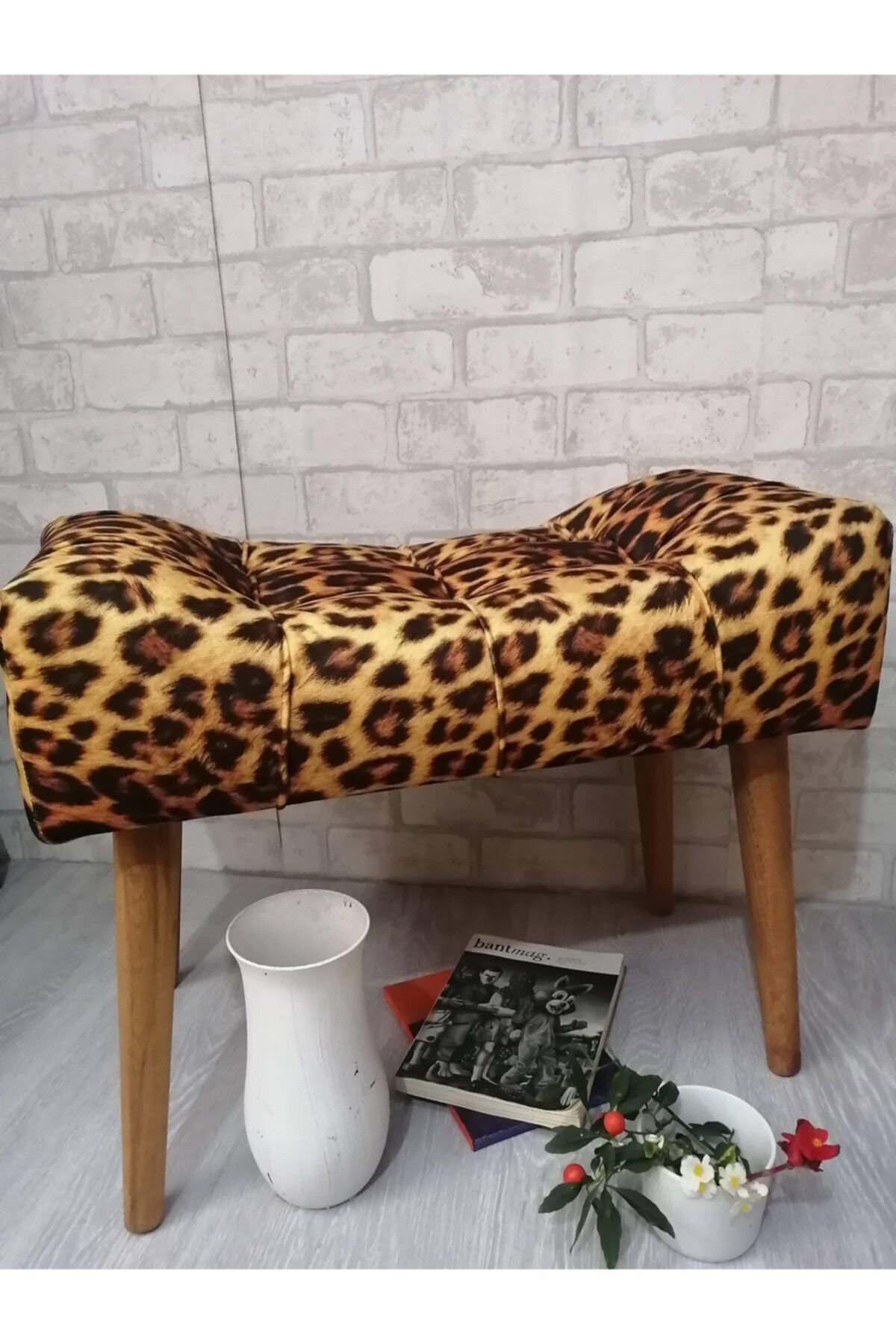 arkın koltuk döşeme Puf. Puf . Leopar Desenli Ahşap Ayak Çima Dikiş Spor Modern Tasarım