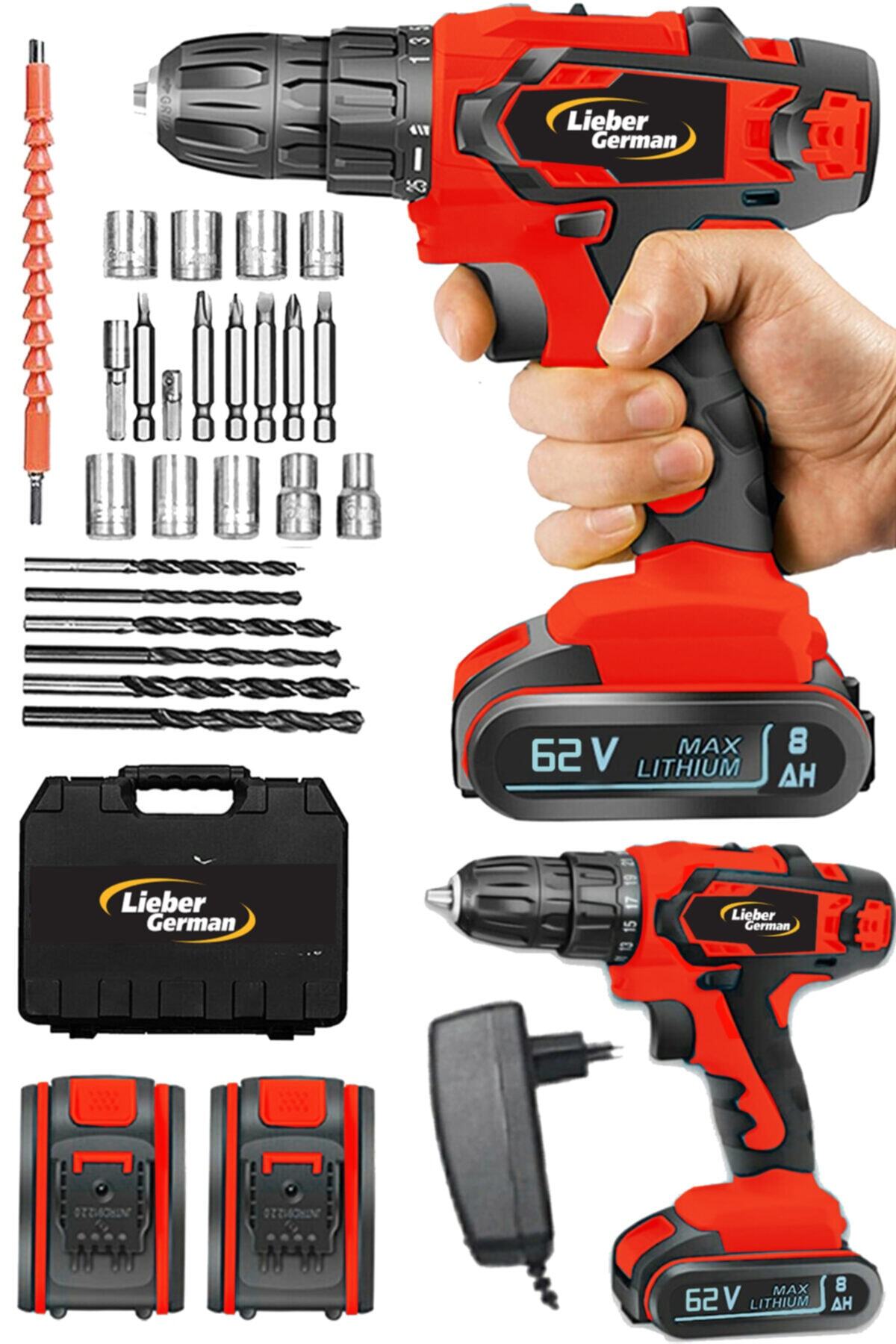 Lieber German Siexpi Motor 58 V 8 Ah Darbeli 2 Akülü Bakır Sargılı 27 Parça Set Hediyeli Şarjlı Vidalama Matkap