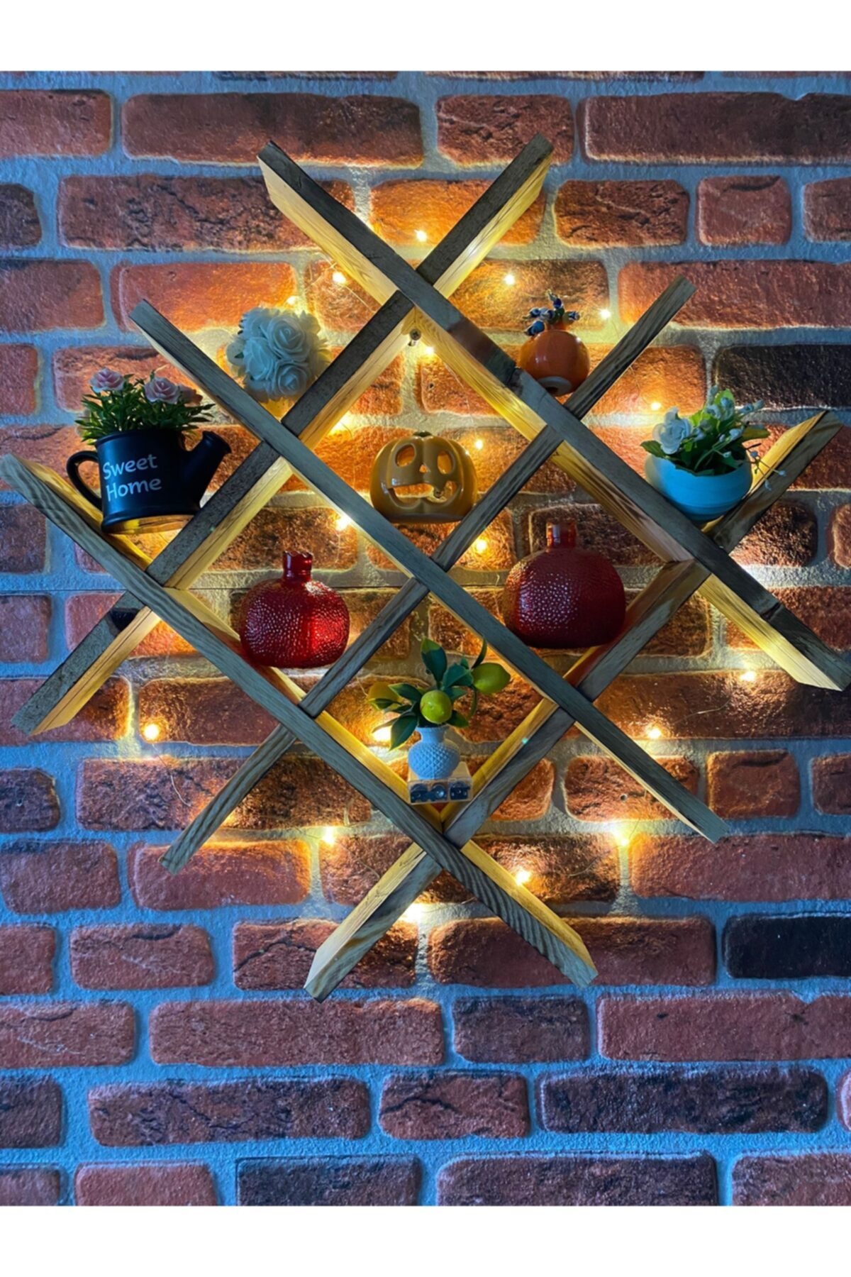 woodünya Ahşap Dekoratif Mutfak Rafı Terek Led Işıklı Kare Raf