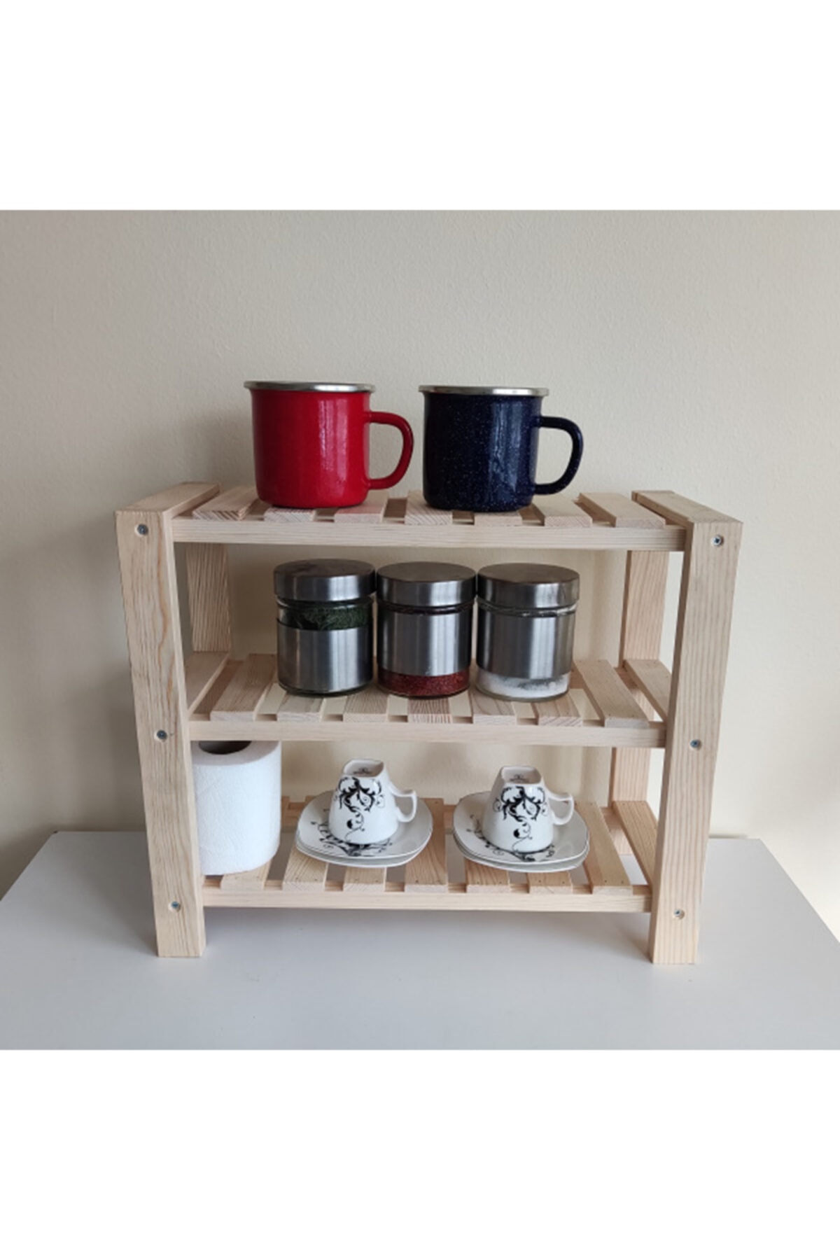 Wooden City Ahşap Naturel Masa Tezgah Üstü Düzenleyici Organizer Banyo Mutfak Rafı Baharatlık