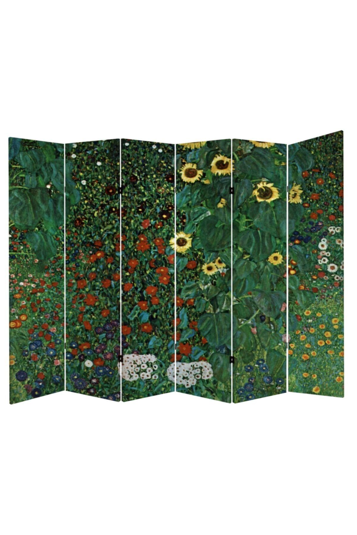 StellaStore Gustav Klimt Çiftlik Bahçe Ayçiçeği 6kanatlı Oda Bölücü Çift Taraflı Kanvas Paravan