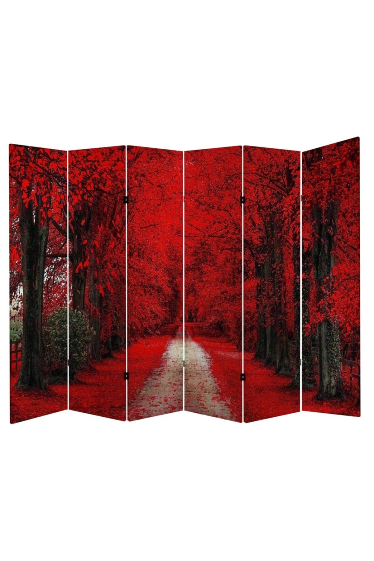 StellaStore Kırmızı Orman 6 Kanatlı Oda Bölücü Çift Taraflı Kanvas Paravan