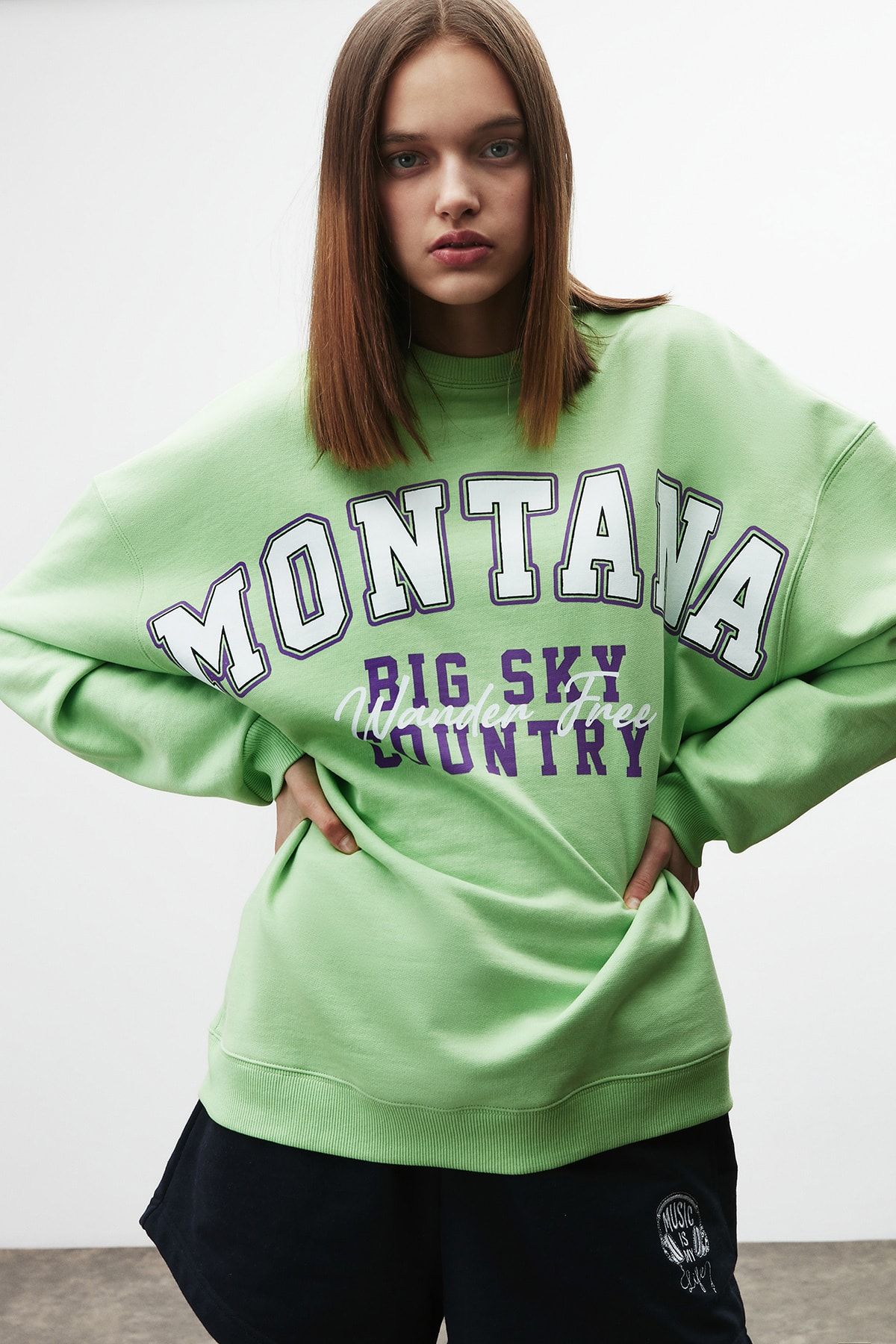 GRIMELANGE Ramona Kadın Yeşil Baskılı Bisiklet Yaka Oversize Sweatshirt