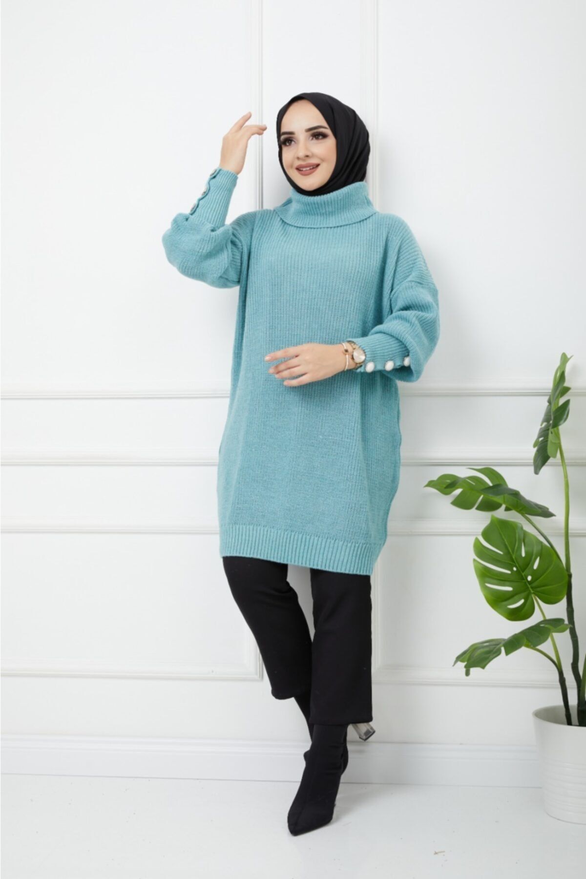 Pamuk Butik Kadın Mint Yeşili Boğazlı Triko Kazak