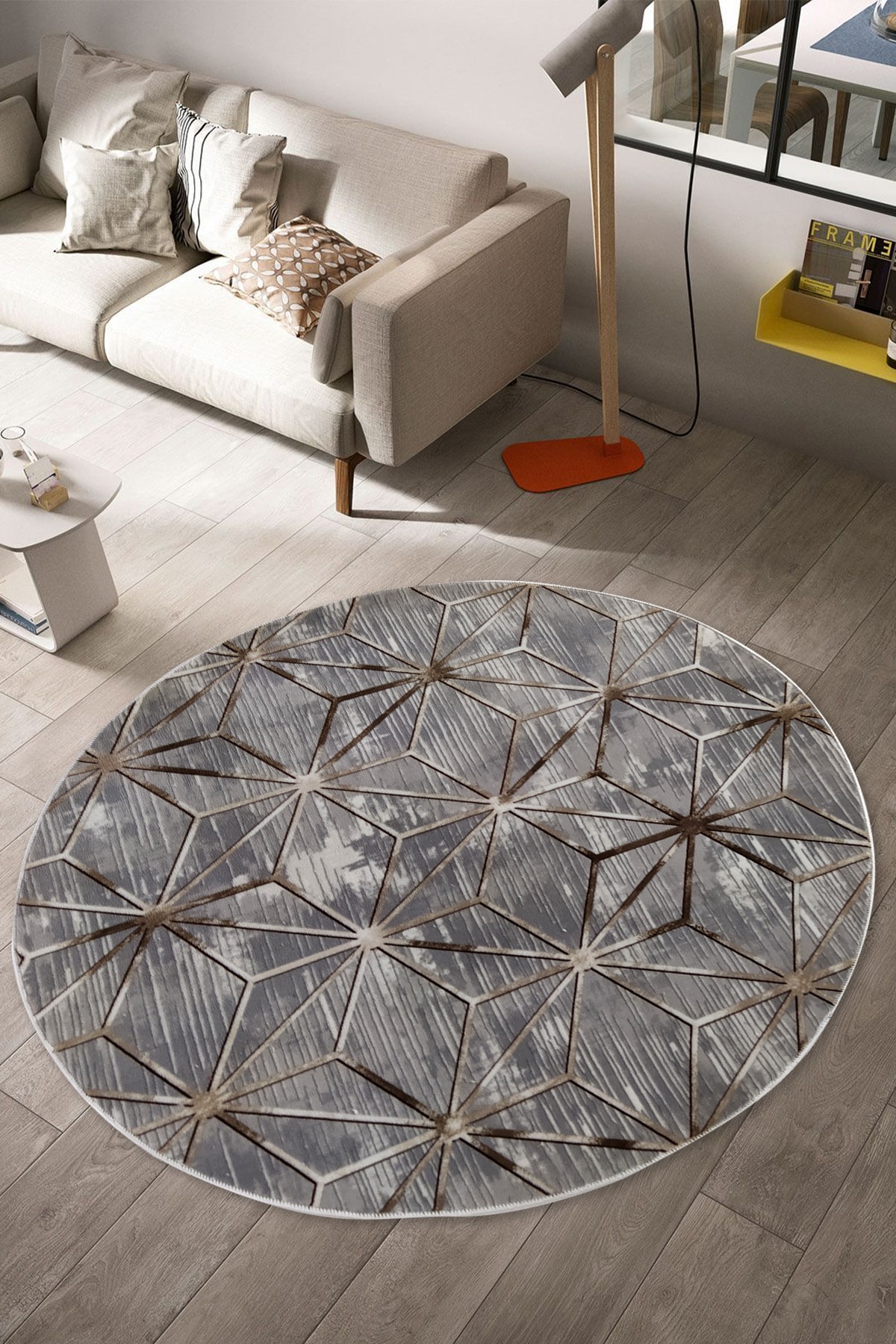 Babil Home Kaymaz Tabanlı Kesme Rulo Halı Yolluk Gri Gold Çizgiler Daire