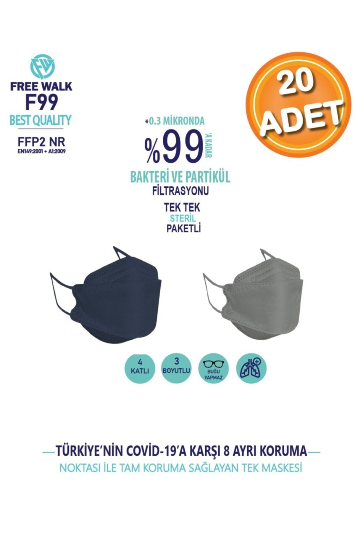 Free Walk Kore Tipi F99 Best Quality Kf94 Maske Lacivert&gri