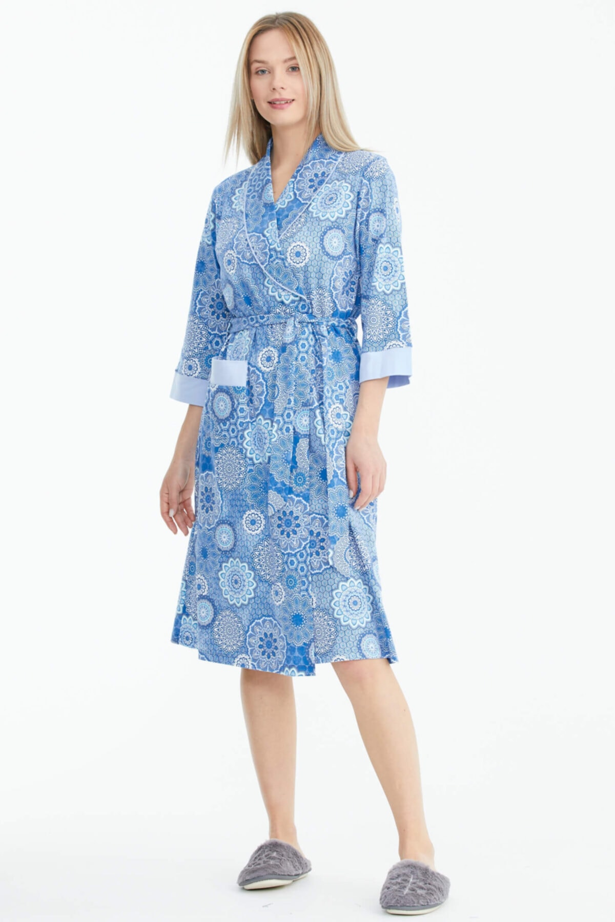 Sementa Renkli Desenli Şal Yaka Sabahlık - Mavi