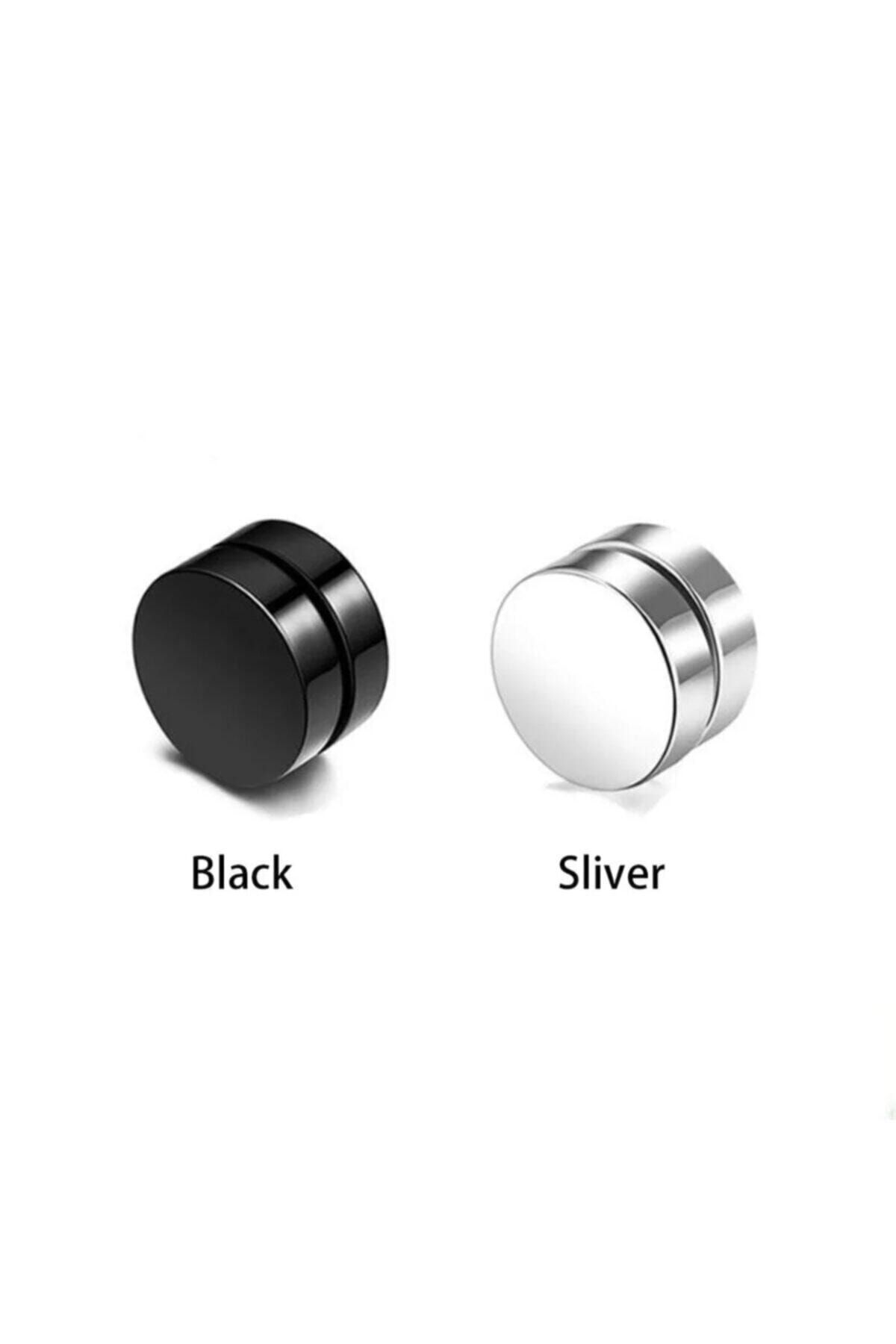 TakıConcept 2 Adet Set Siyah Gümüş Düz Yuvarlak Mıknatıslı Erkek Küpe 8mm Mıknatıs Çelik Manyetik