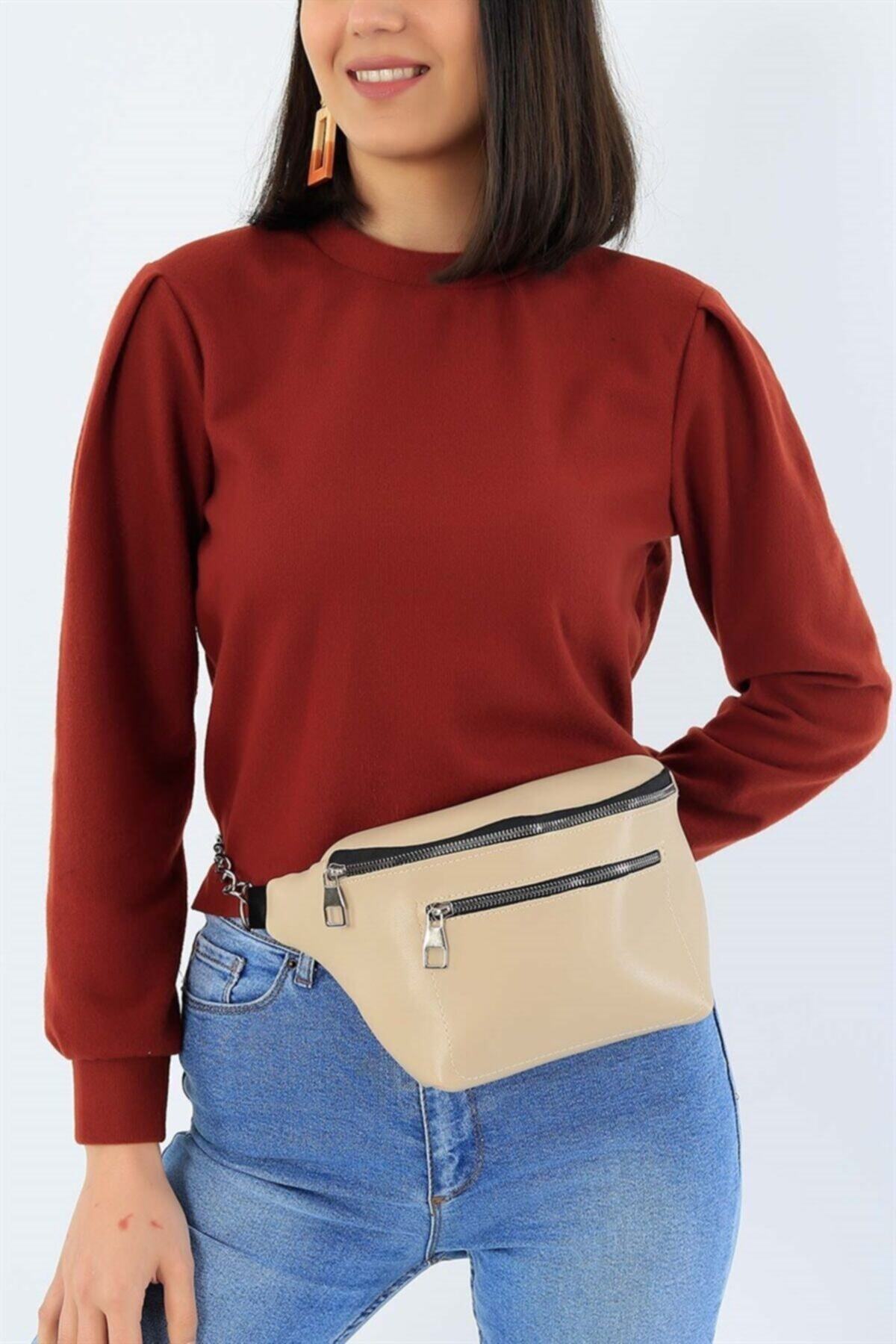 Afilva Kadın Bej Çift Göz Bayan Bel Çantası