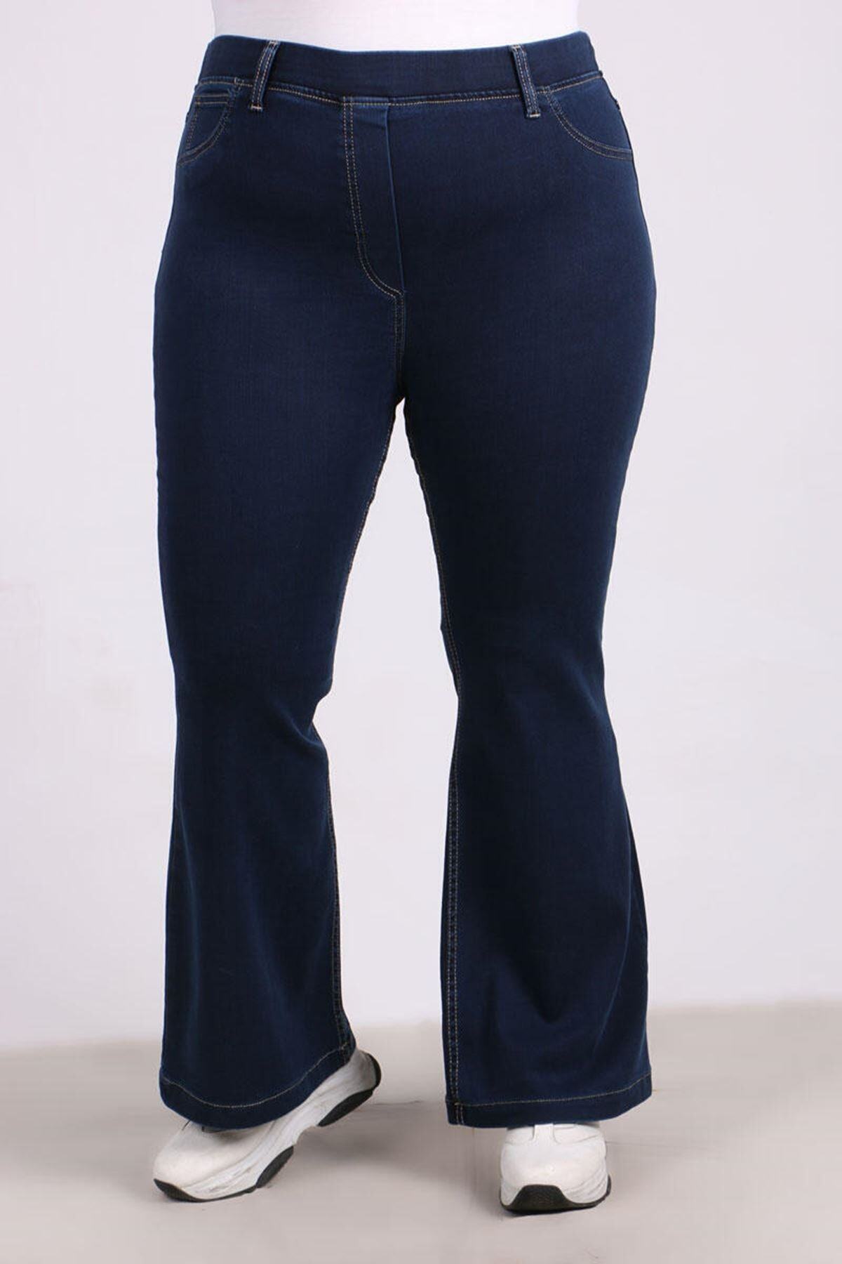 Eslina 9137-4 Büyük Beden Beli Lastikli Ispanyol Paça Kot Pantalon- Koyu Lacivert
