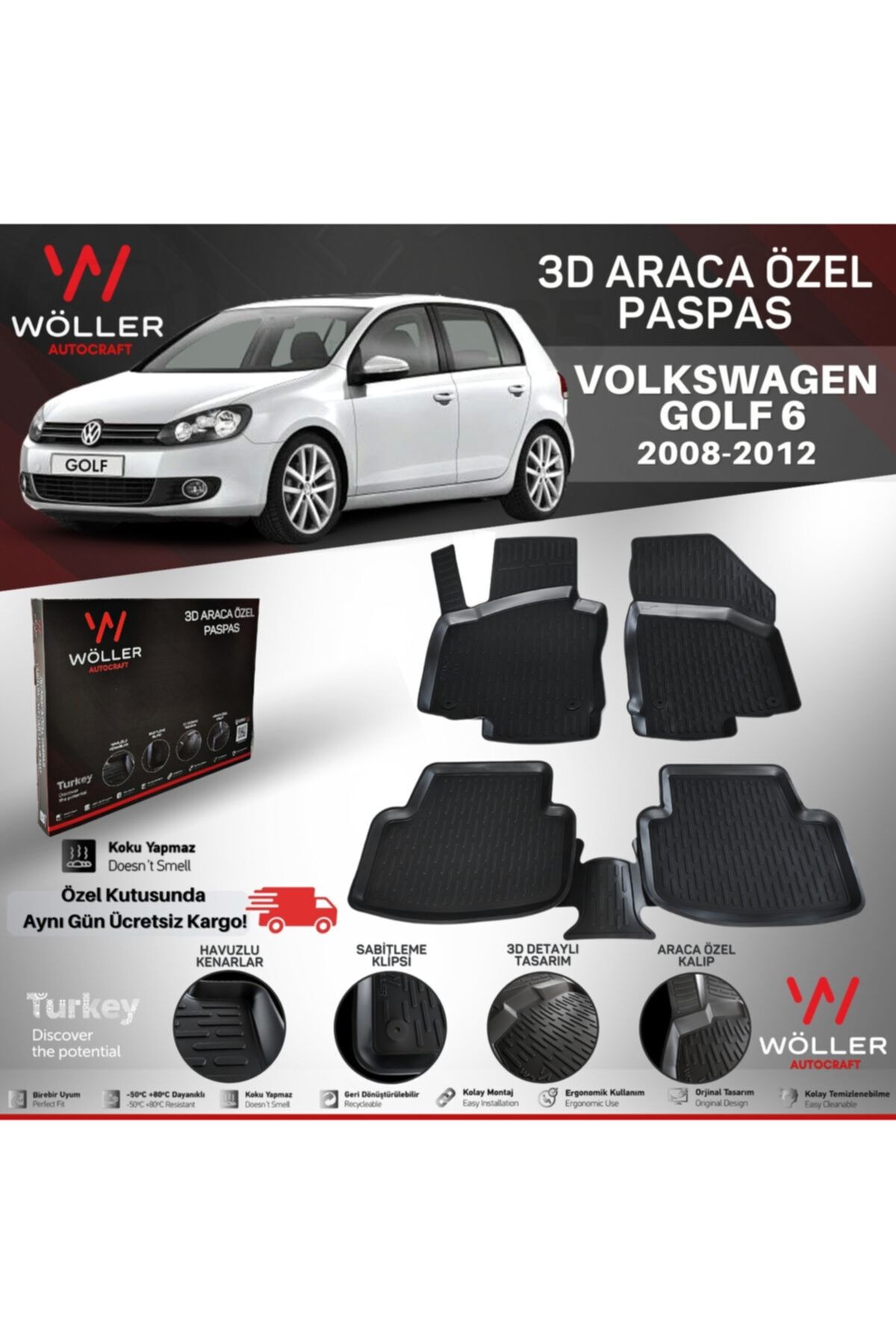 wöller Volkswagen Golf 6 Paspas 2009 2012 Arası 3d Havuzlu Paspas