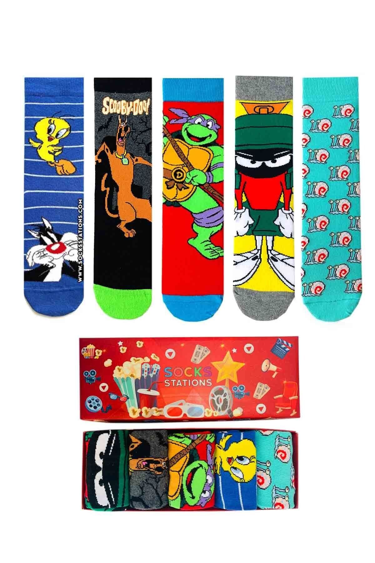 Socks Stations Çizgi Karakterler Renkli Çorap Kutusu 5'li