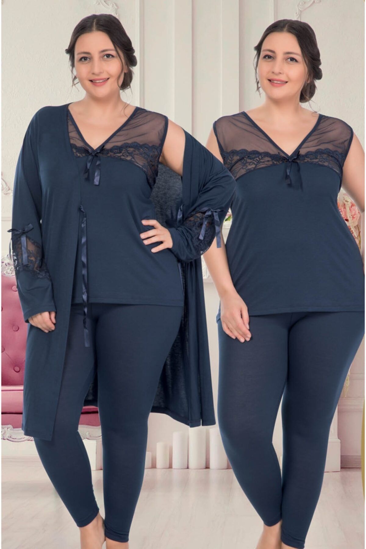 JENİKA Kadın Sabahlıklı Büyük Beden 3'lü Pijama Takım