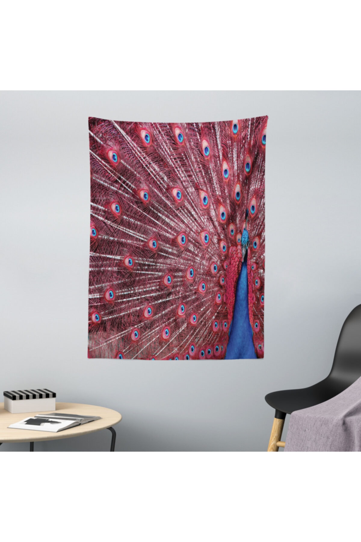 Rengirenk Doğa Mikrofiber Duvar Halısı Kırmızı Tonlarında Tavus Kuşu Desenli