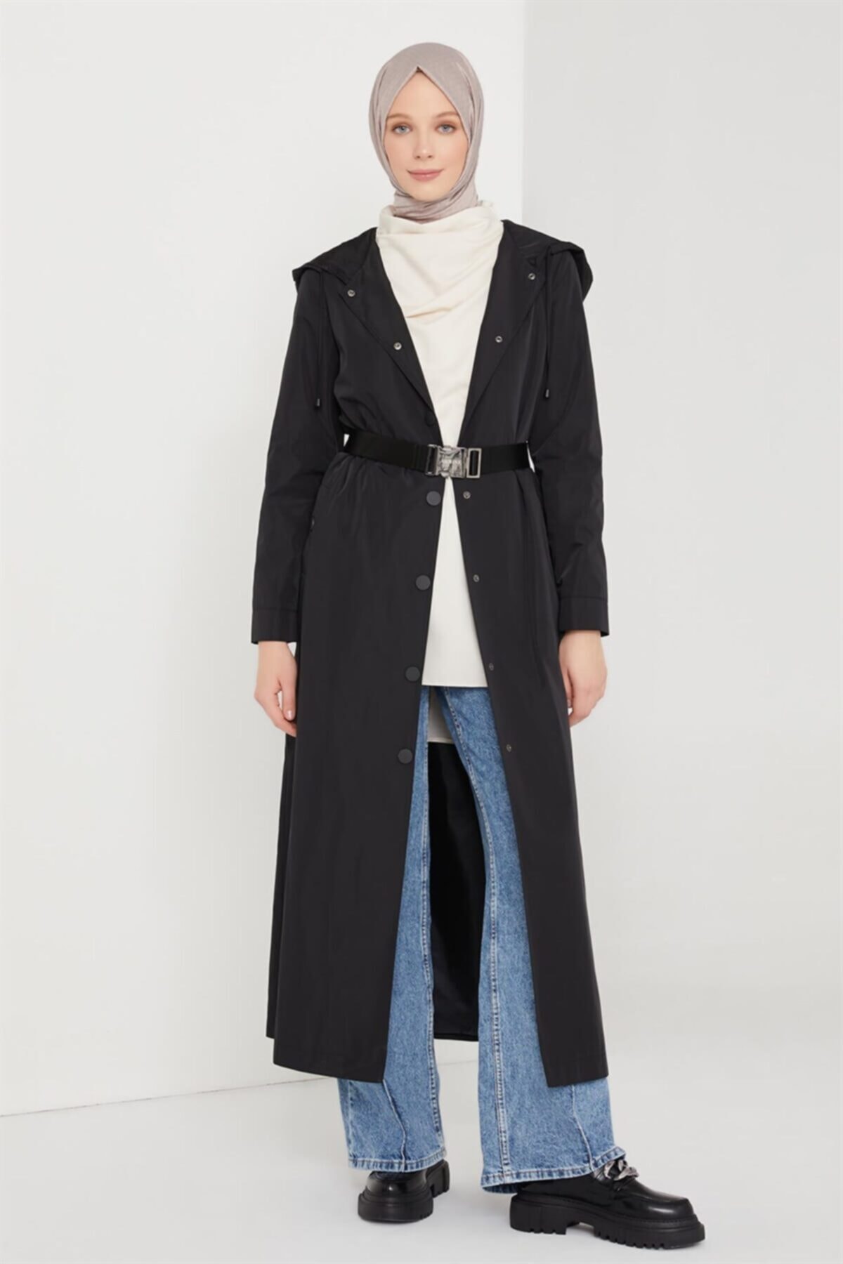 Armine Çıtçıtlı Uzun Yağmurluk Pardesü 21k8604 Siyah