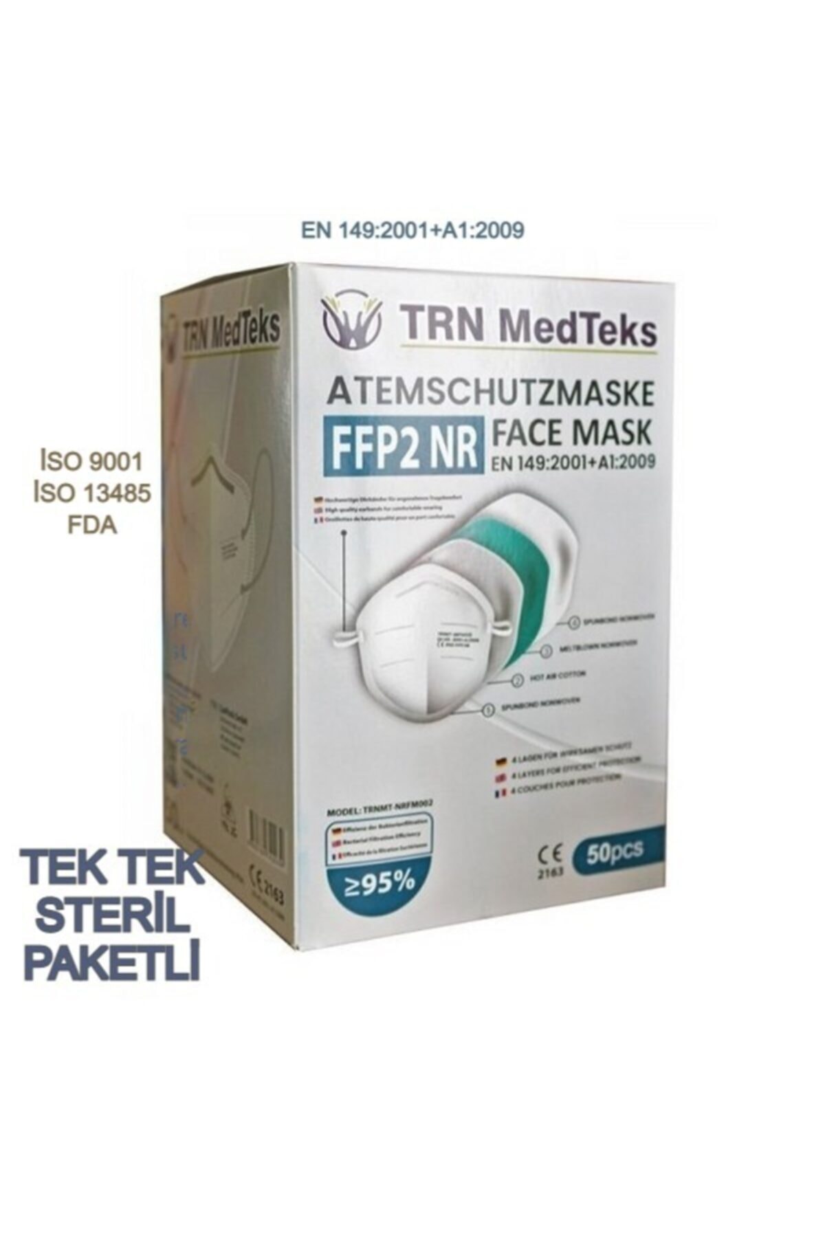 TRN MEDTEKS Trn Ffp2 Ventilsiz Solunum Maskesi 50 Li Kutu(her Biri Ayrı Paketler Halinde)