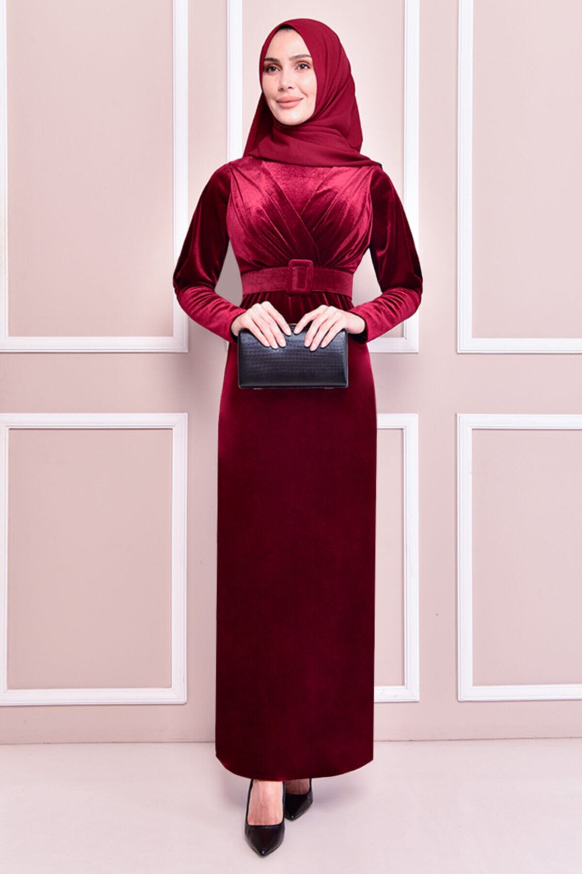 ModaMerve Kadife Elbise Bordo Kbr21341