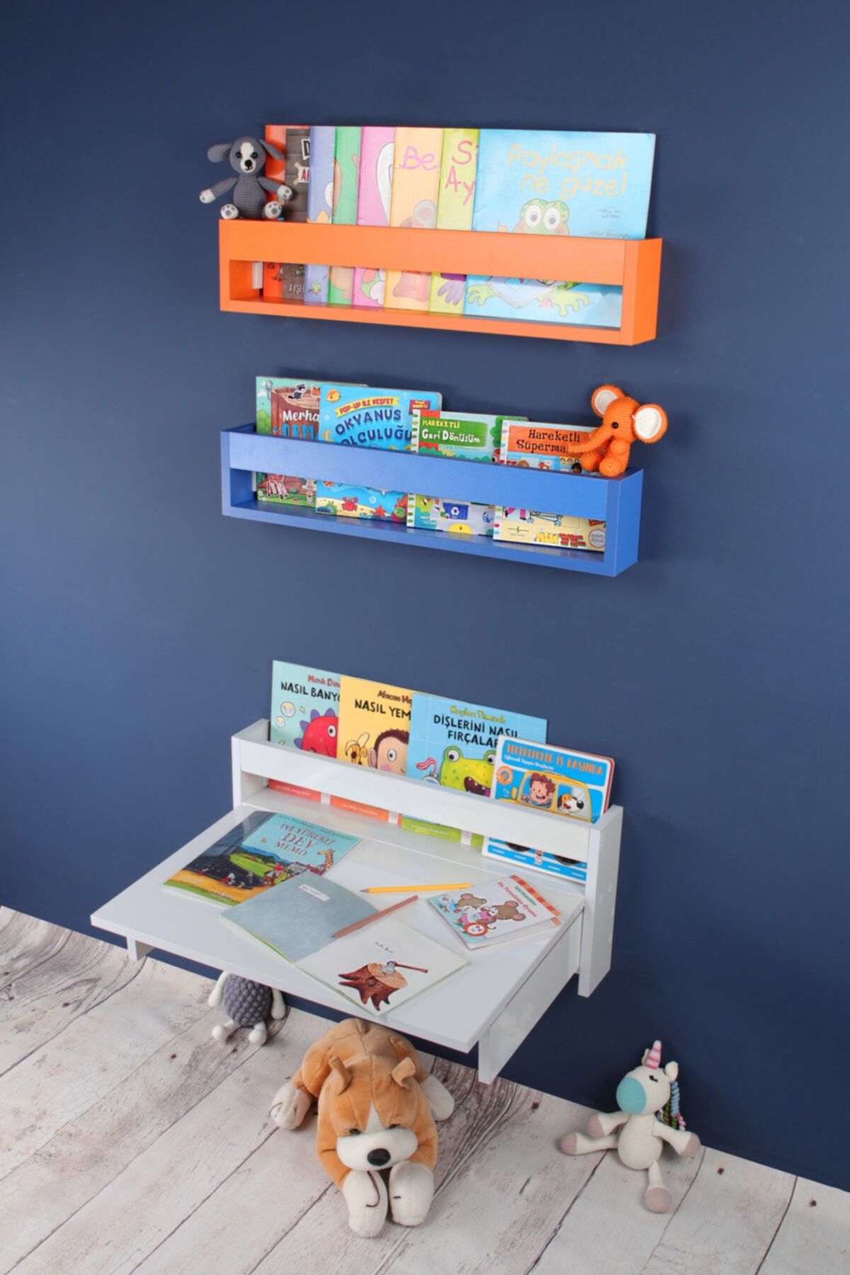 KUMSORİ Mavi-turuncu Raflı Katlanabilir Masalı Eğitici Montessori Kitaplık