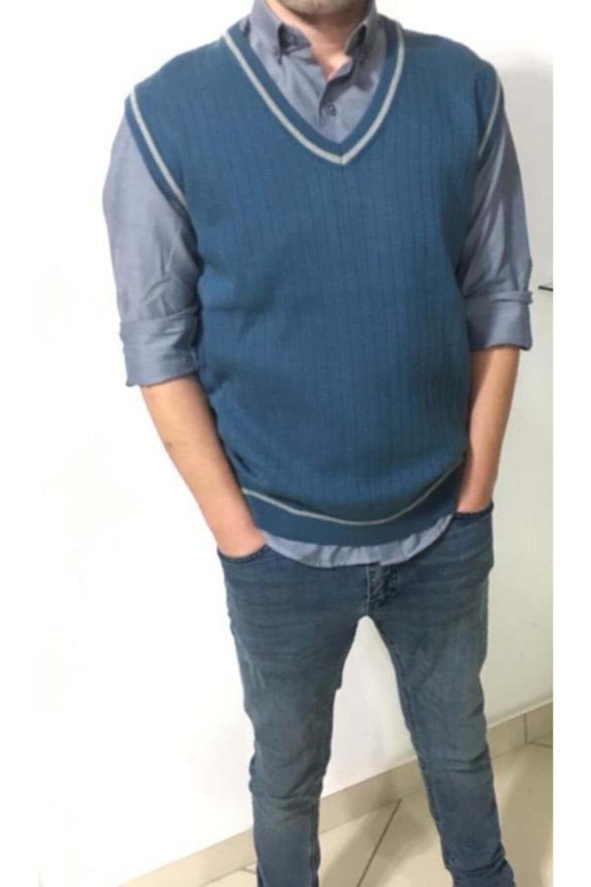 eşref giyim V Yaka Ünisex Mavi Süveter