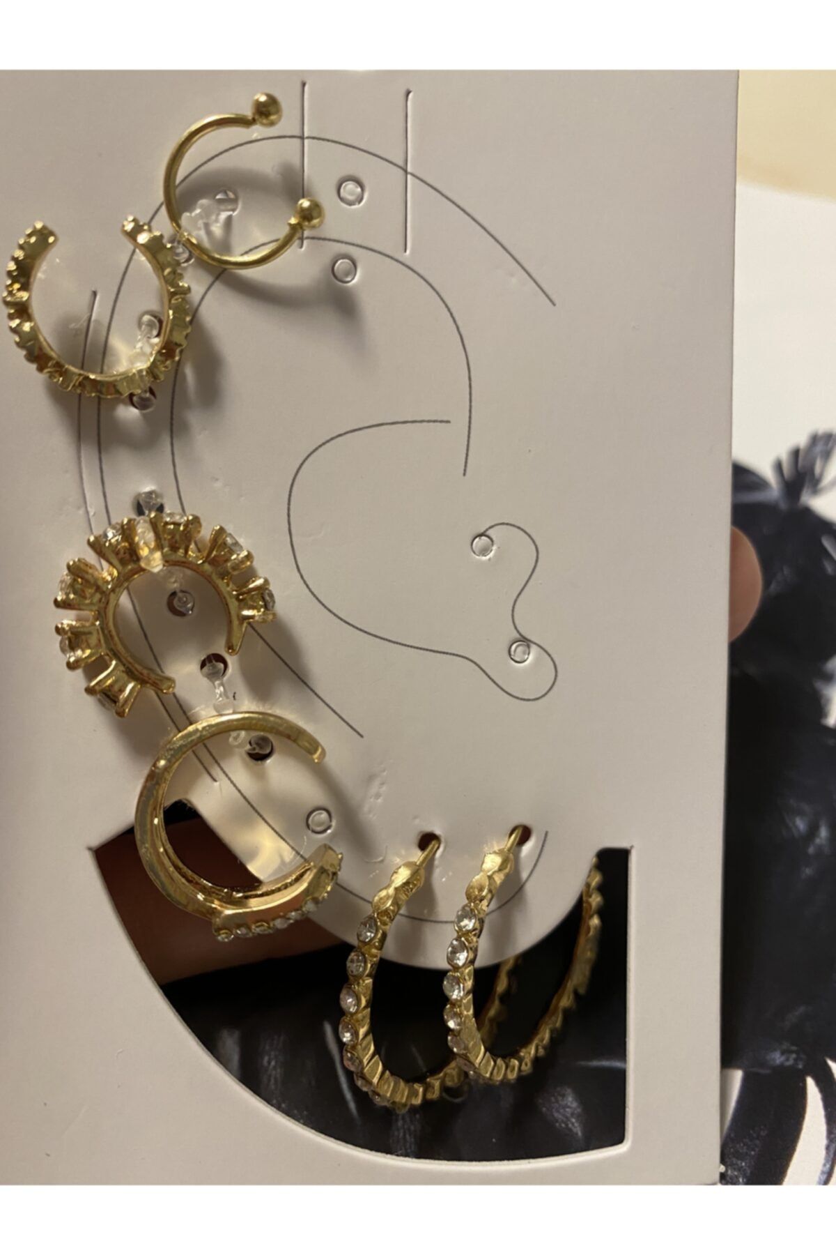 Lines Bijuteri 6 Parça Zirkon Taşlı Gold Renk Halka Earcuff Küpe Seti