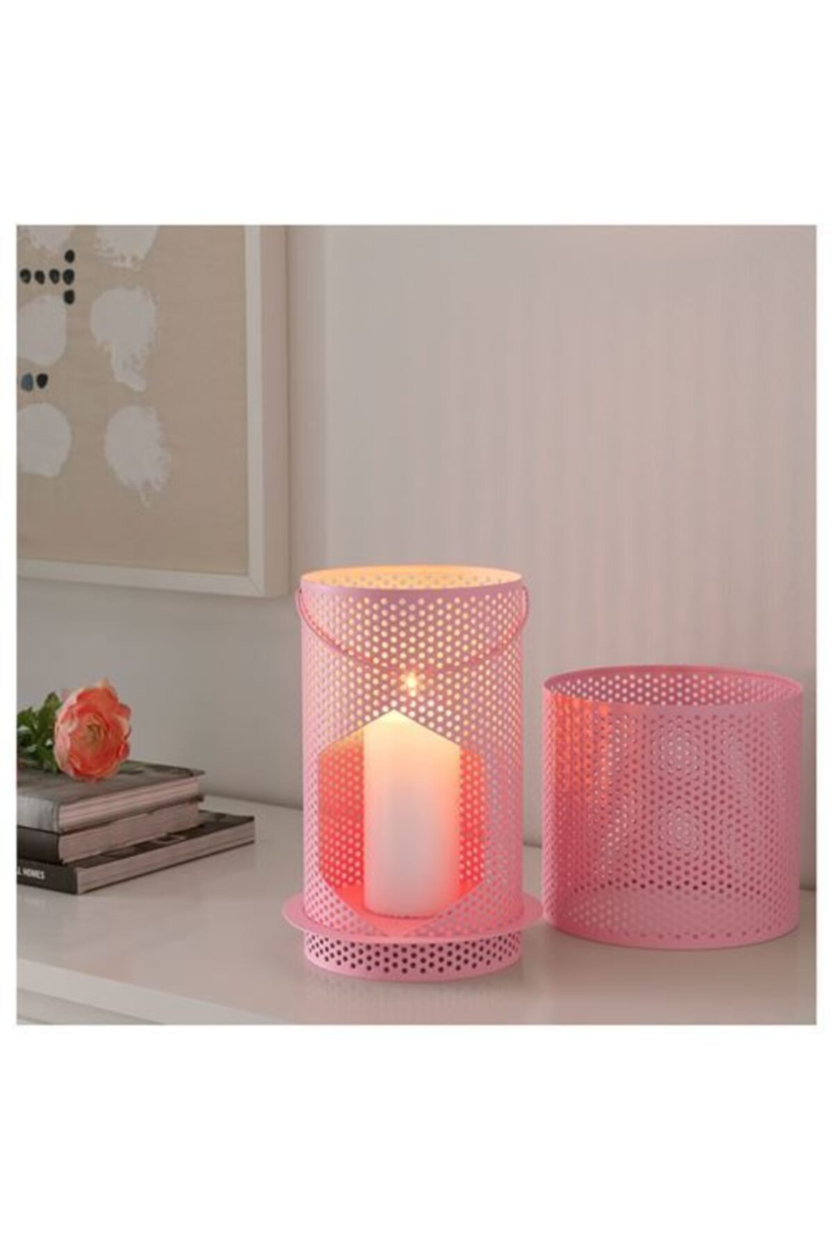 MEGStore.TR Dekoratif Lkea 2'li Metal Mumluk/fener Seti 26 Cm/22 Cm (PEMBE GRİ)
