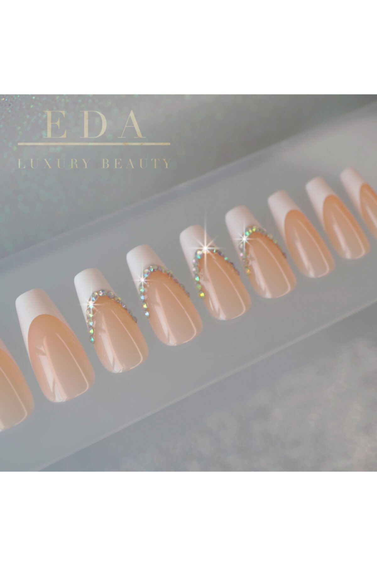 EDA LUXURY BEAUTY Pembe Beyaz French Takma Tırnak Lüks 3d Kristal Taşlı Desenli Doğal Extra Uzun Kare Nail Art Set
