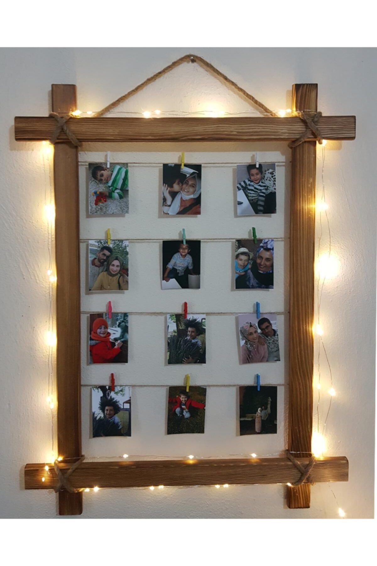 CM&HM AYNALI HOME Renkli Doğal Ahşap Led Işıklı Ipli Mandallı Dikdörtgen Fotoğraf Çerçevesi Fotoğraf Askısı Albümü